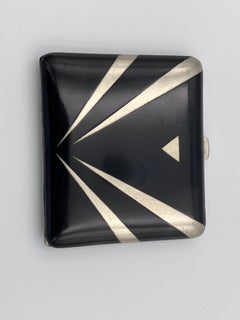 1920's Alpacca Art Deco Black Enamel Geometric "German Silver" Cigarette Case
