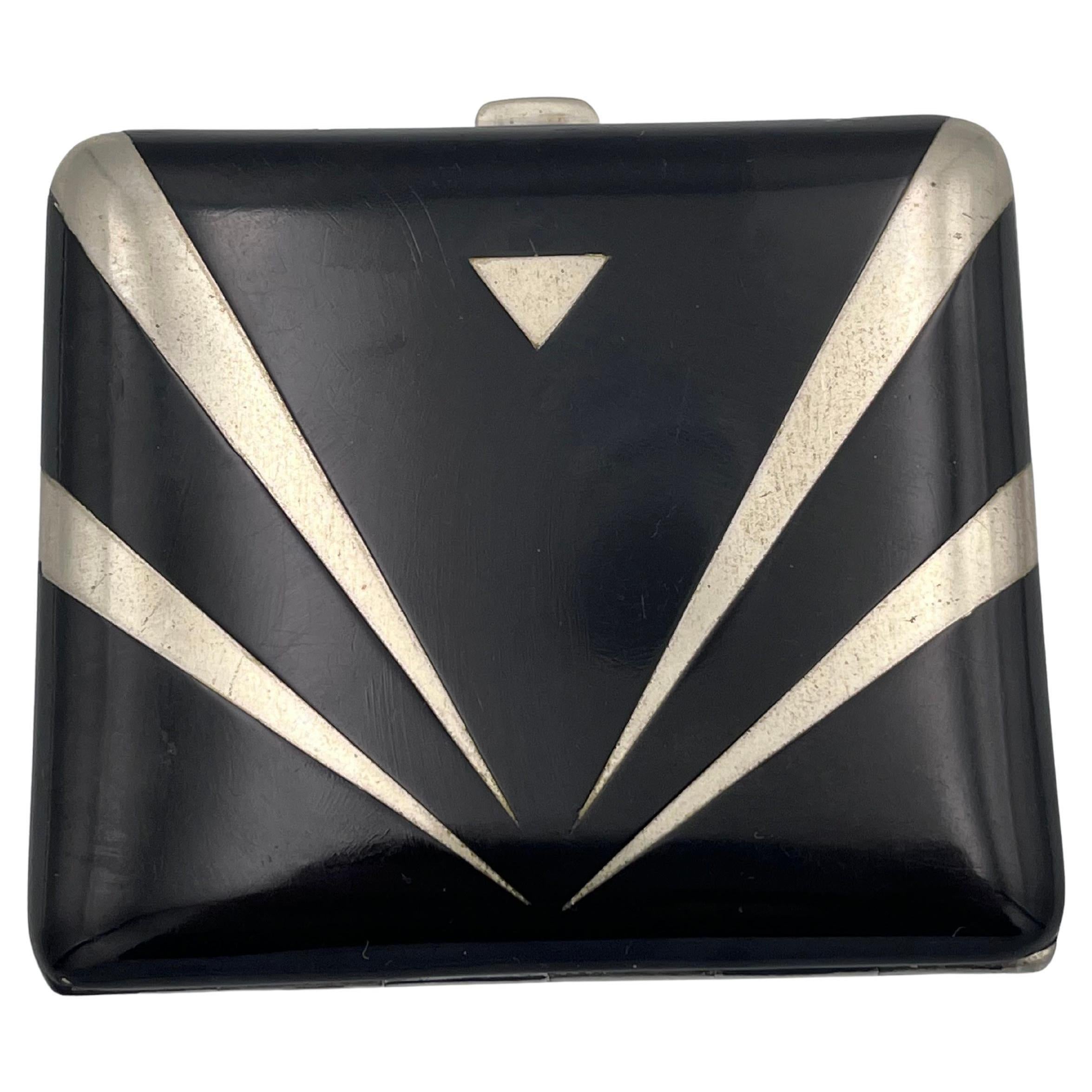 1920
s Alpacca Art Deco Black Enamel Geometric "German Silver" Cigarette Case