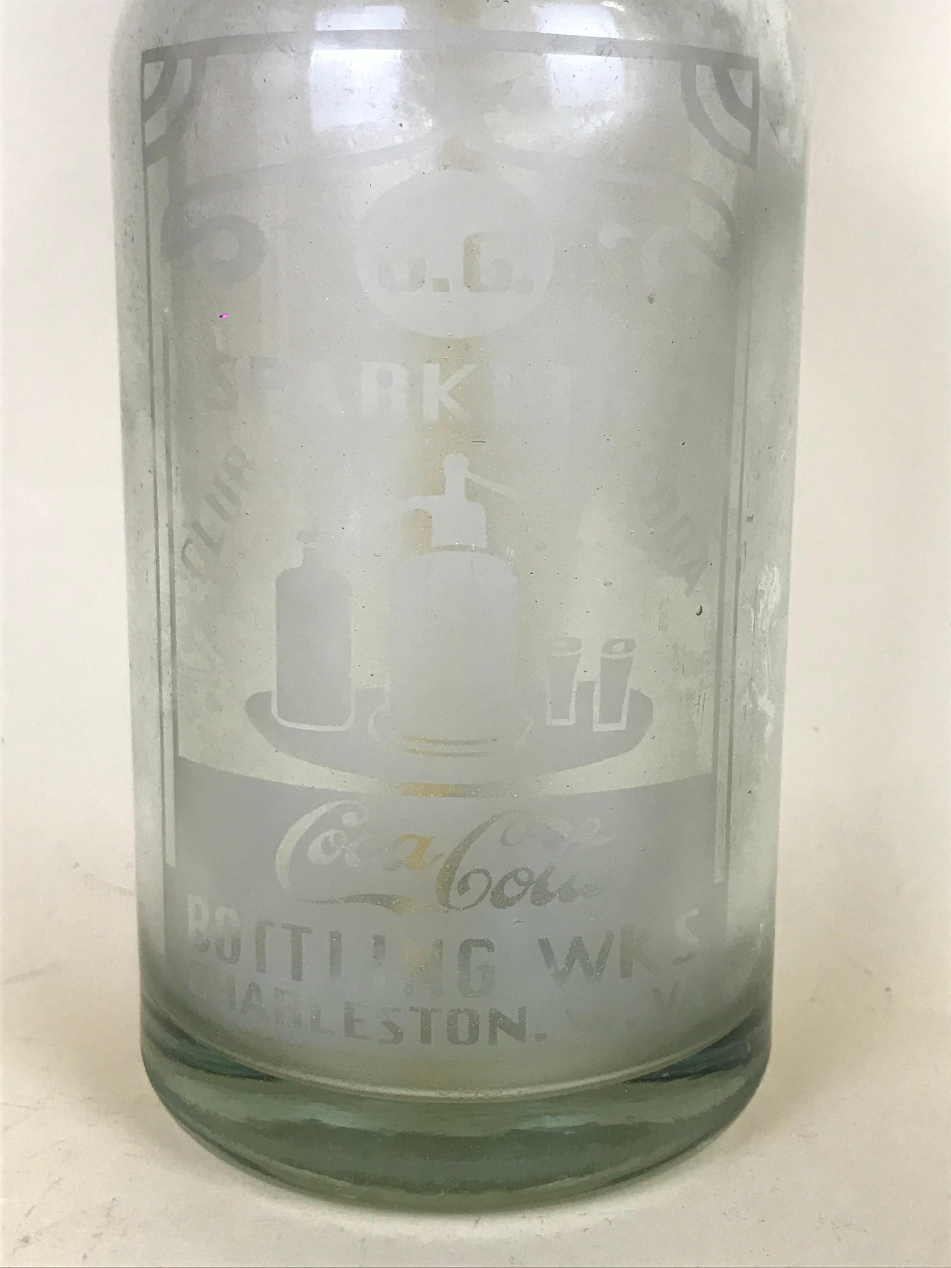 1920s American Advertising Glass Syphon Coca-Cola Acid Etched Bar Bottle Seltzer (Moderne der Mitte des Jahrhunderts) im Angebot