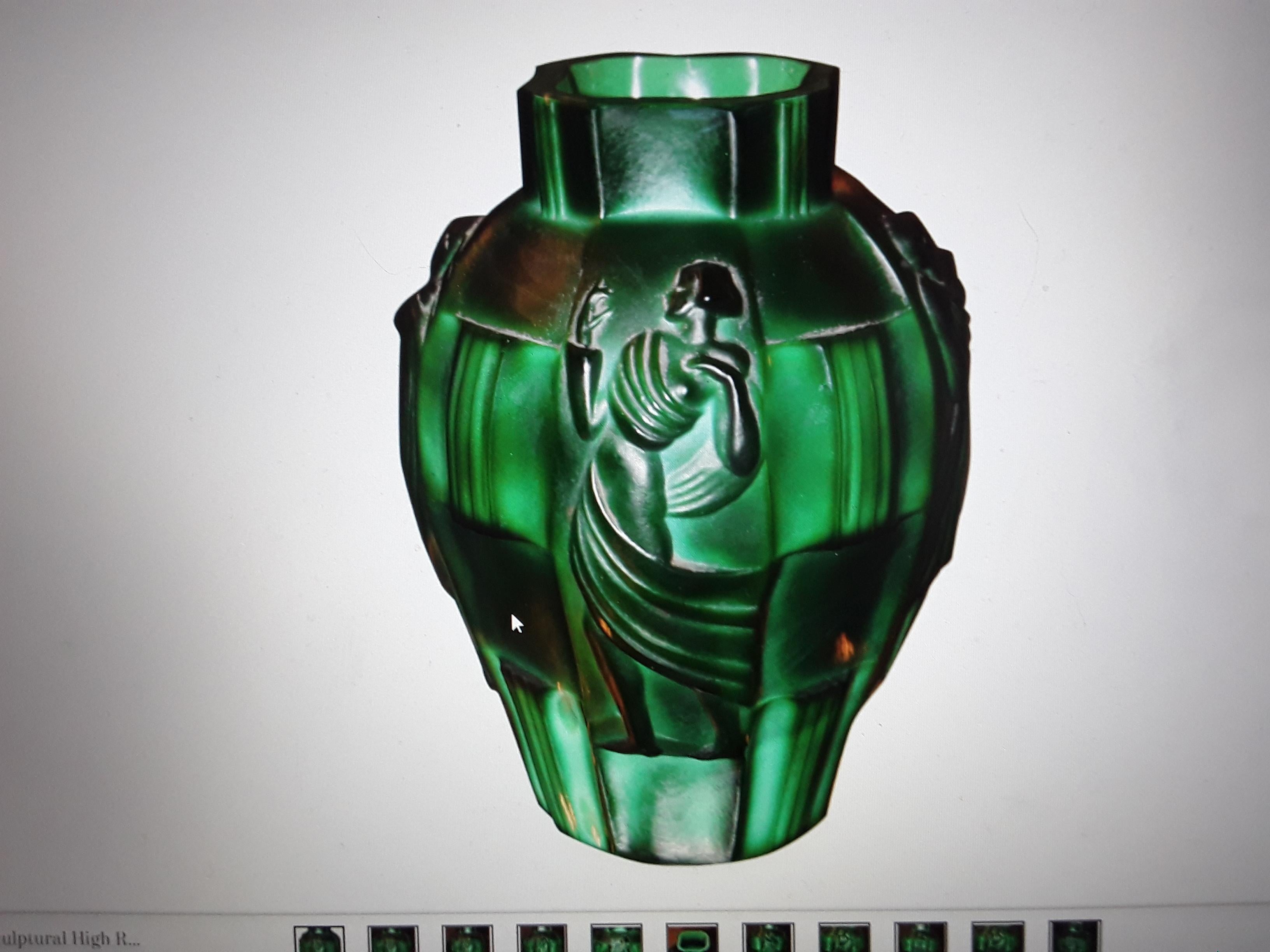 1920's American Art Deco Green [Jade Style] Figural Art Glass Vase 7