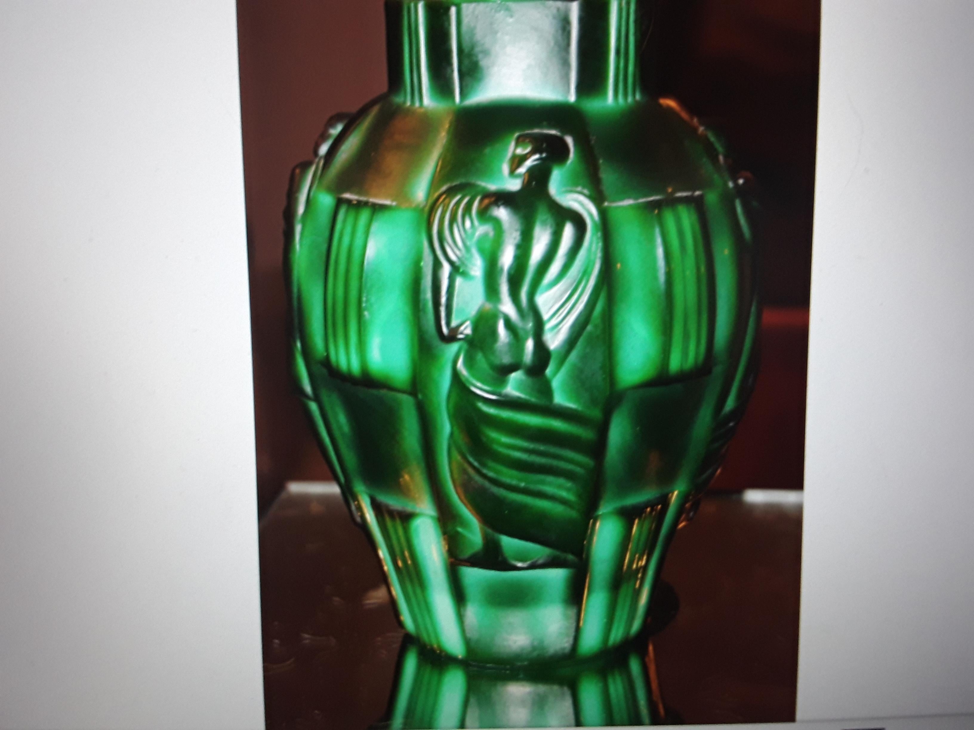 Early 20th Century 1920's American Art Deco Green [Jade Style] Figural Art Glass Vase