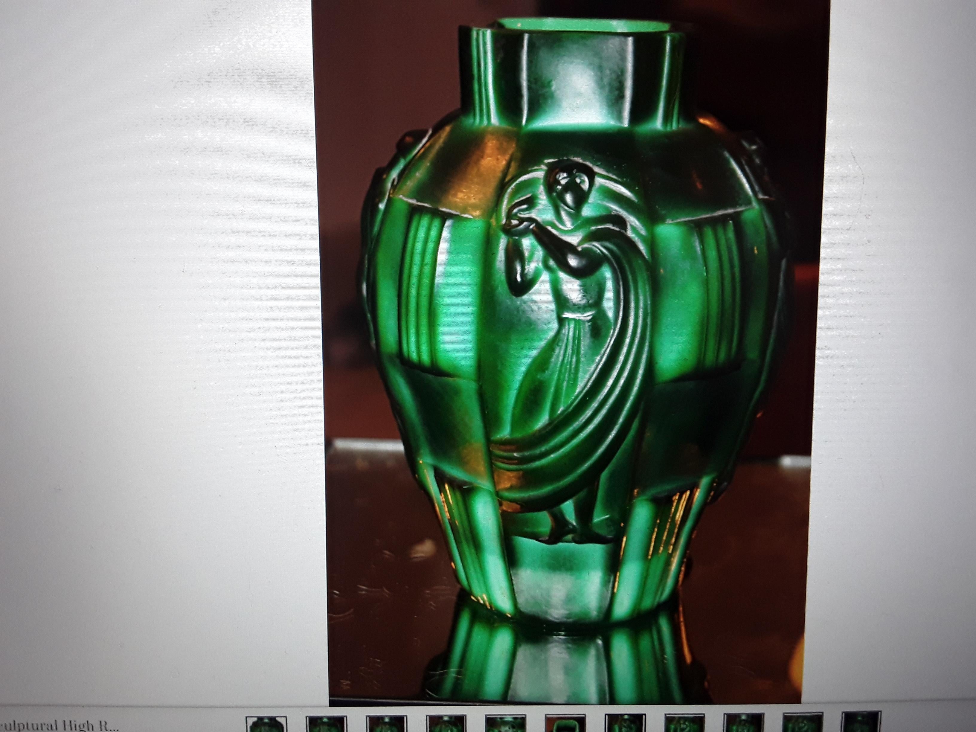 1920's American Art Deco Green [Jade Style] Figural Art Glass Vase 1