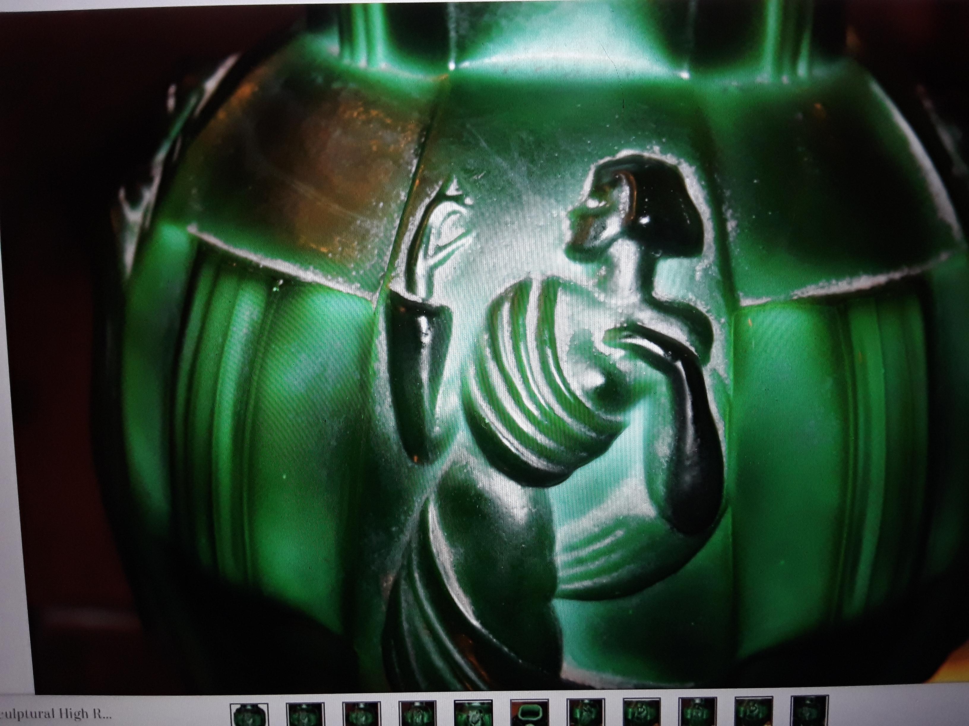 1920's American Art Deco Green [Jade Style] Figural Art Glass Vase 3