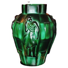 1920's American Art Deco Green [Jade Style] Figural Art Glass Vase