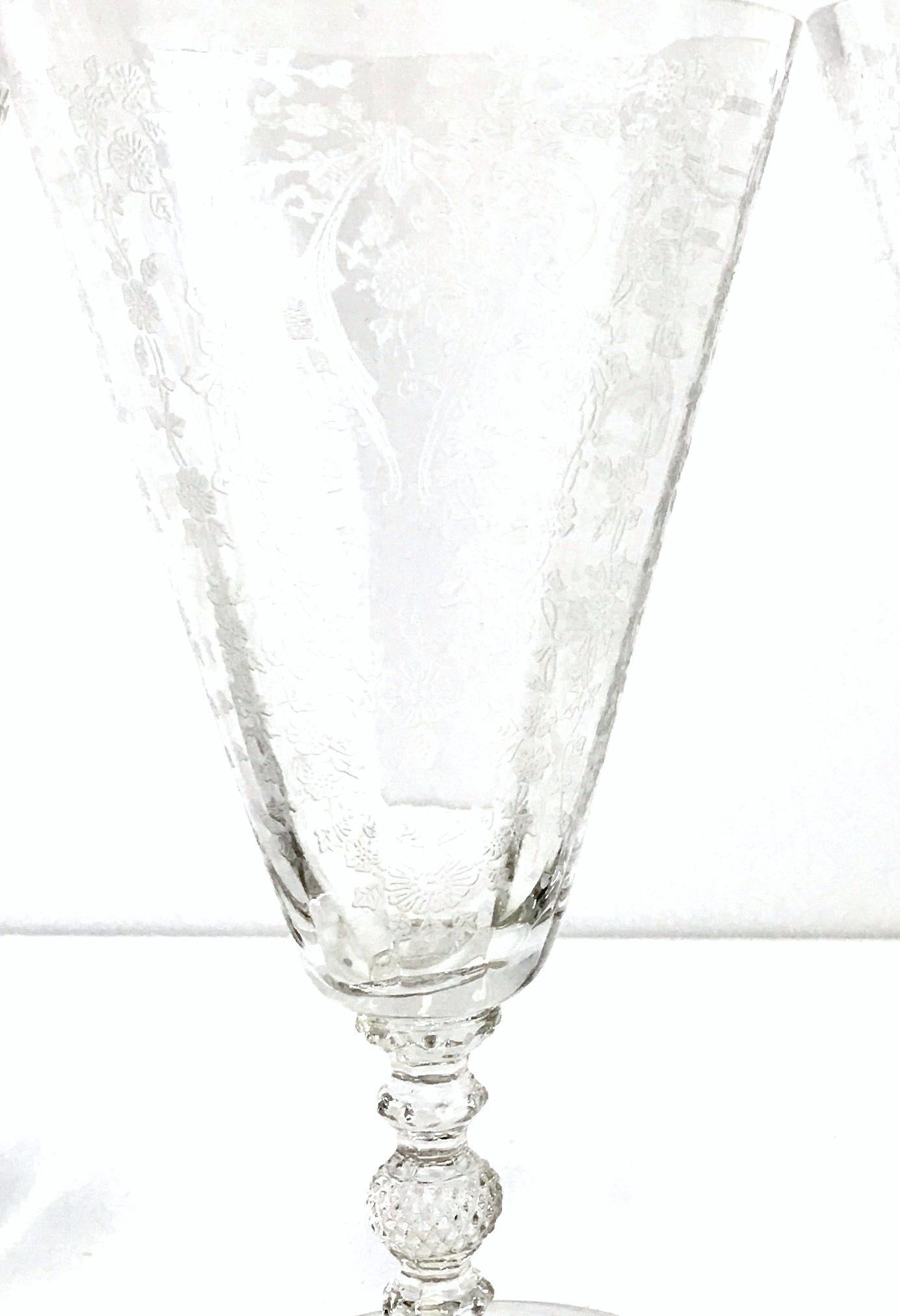 20th Century 1920s American Art Nouveau Etched Cut Crystal Stem Glasses, Set of 4