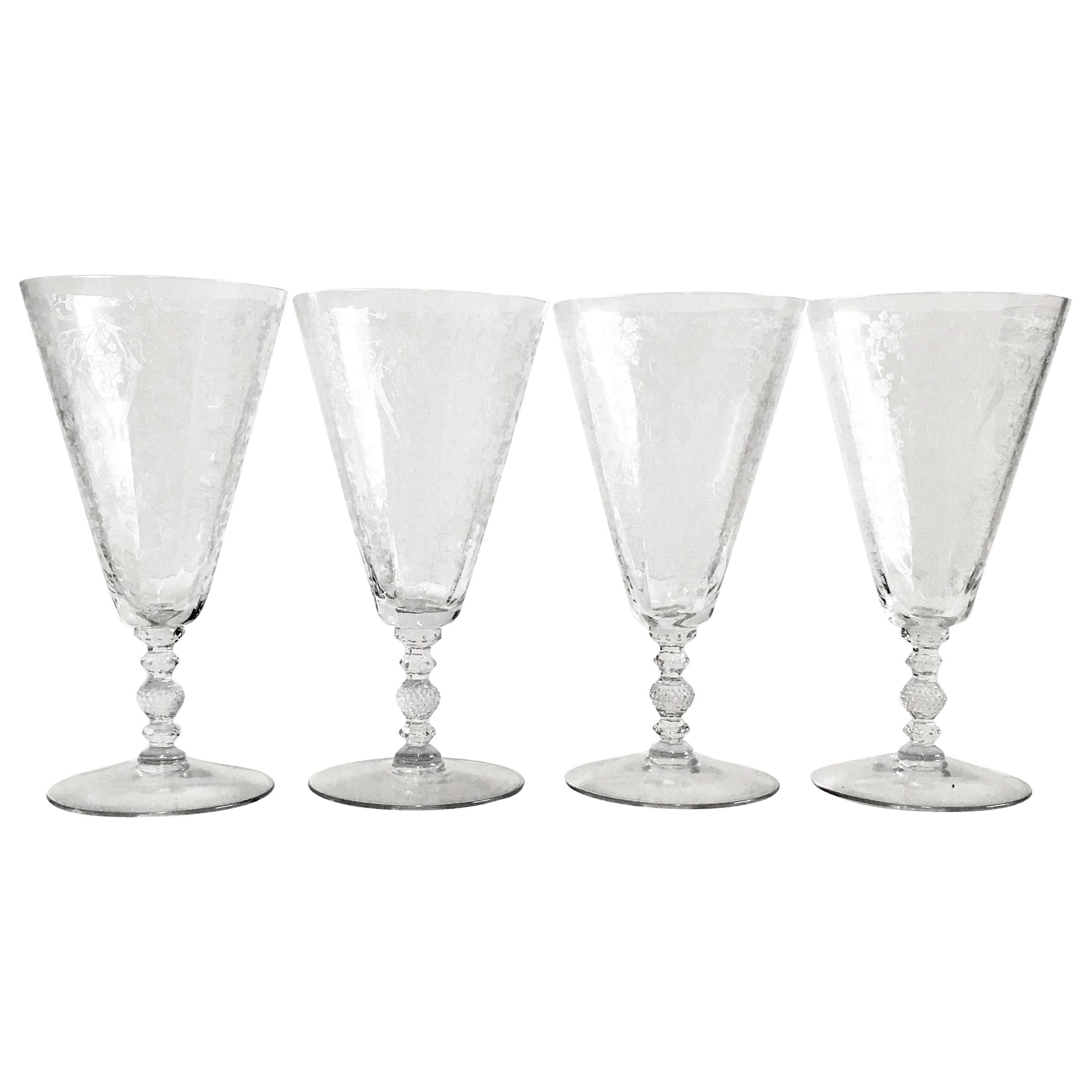1920s American Art Nouveau Etched Cut Crystal Stem Glasses, Set of 4