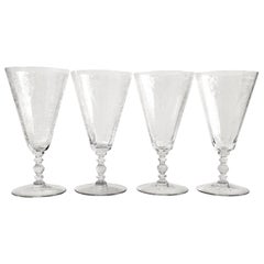1920s American Art Nouveau Etched Cut Crystal Stem Glasses, Set of 4