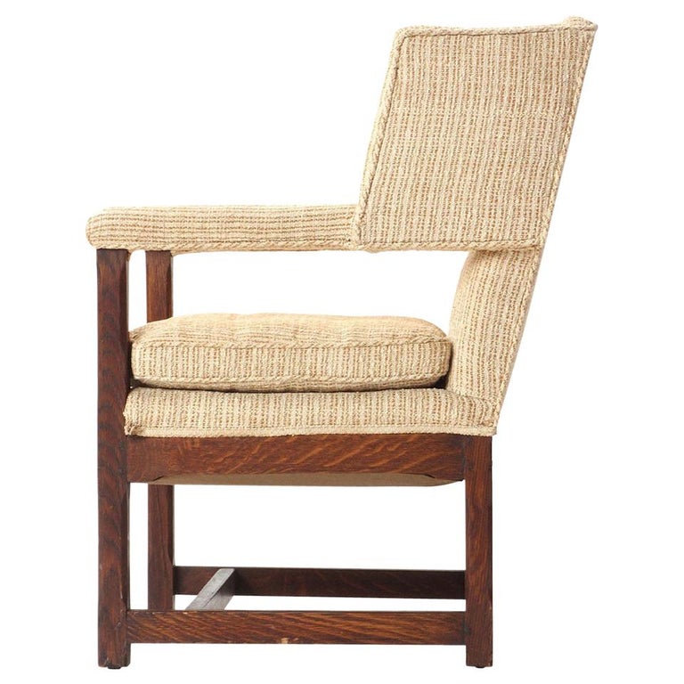 1920s American Arts And Crafts Upholstered Oak Wingback Chair For
