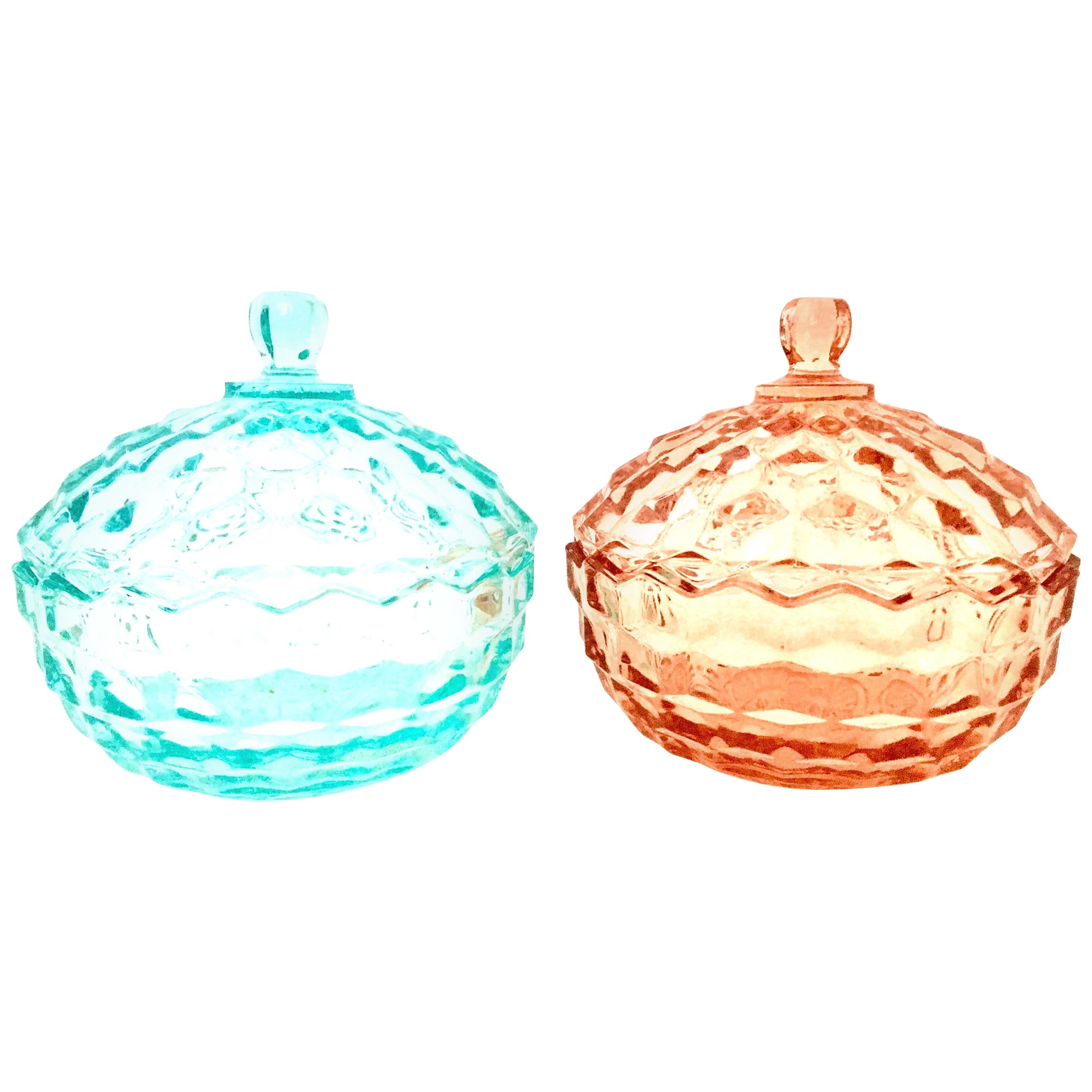 1920s American Depression Glass Diamond Cut Lidded Jars, Set of 2 For Sale