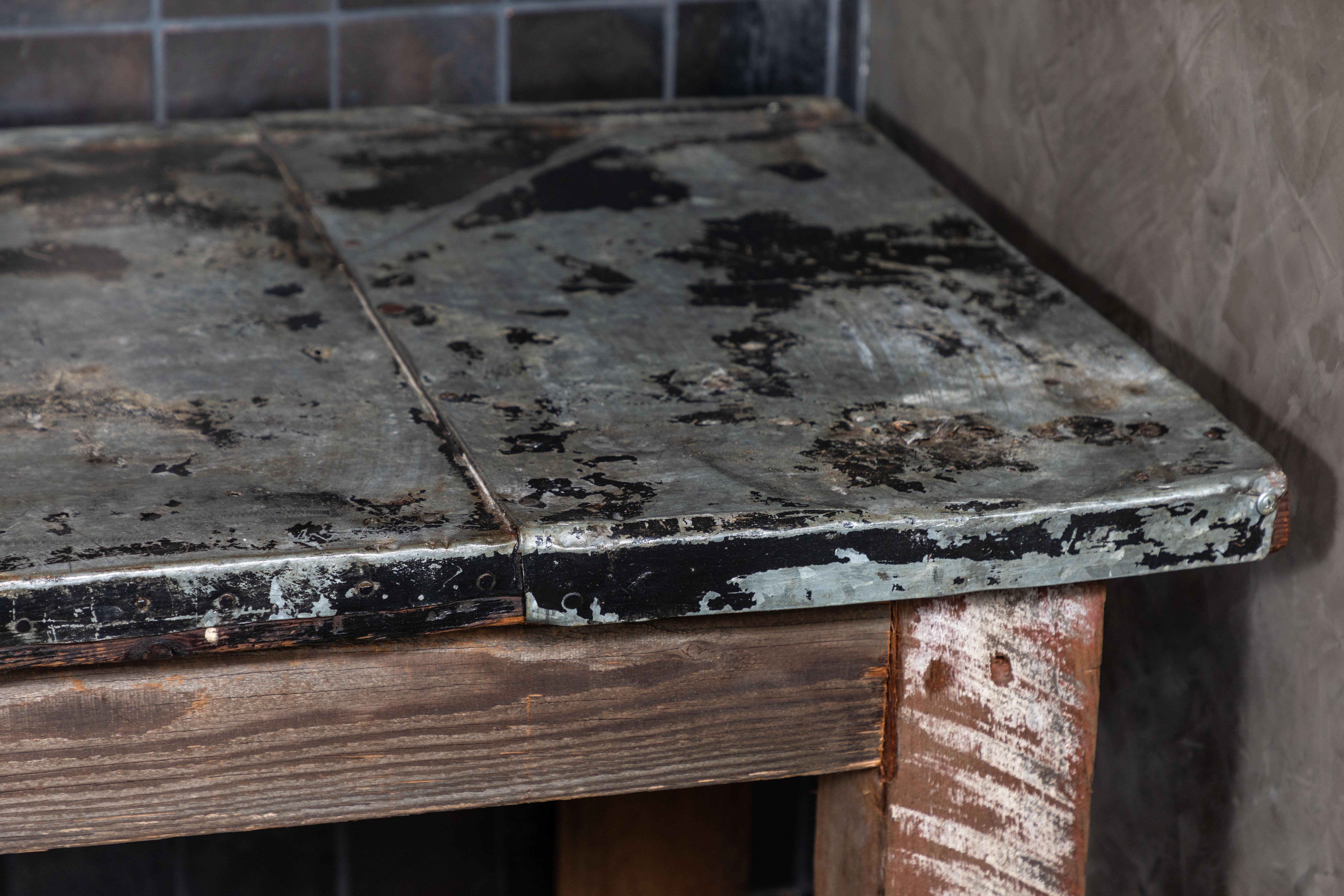 1920s American Industrial Steel Top and Oak Work Table In Fair Condition In Chicago, IL