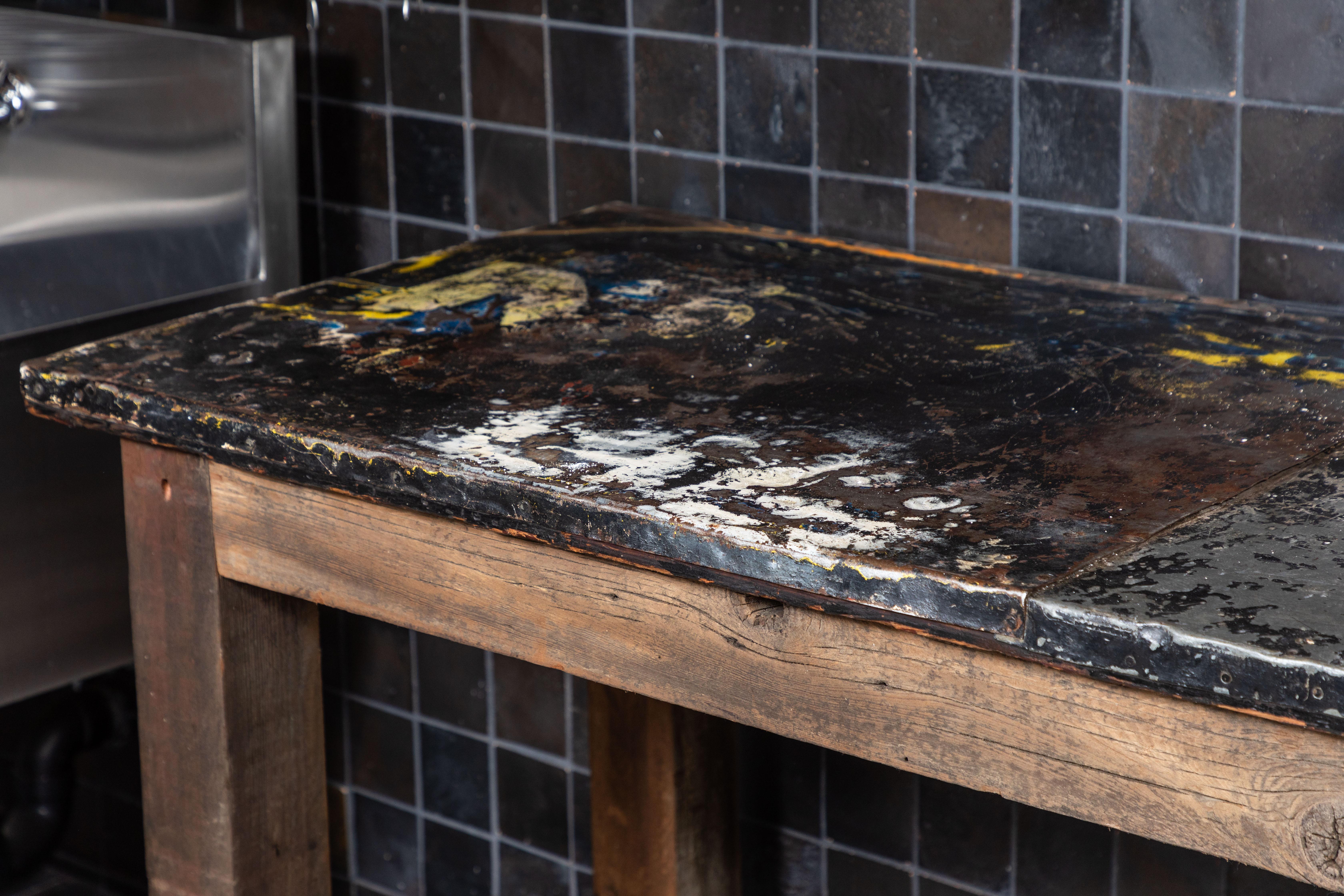 1920s American Industrial Steel Top and Oak Work Table 1