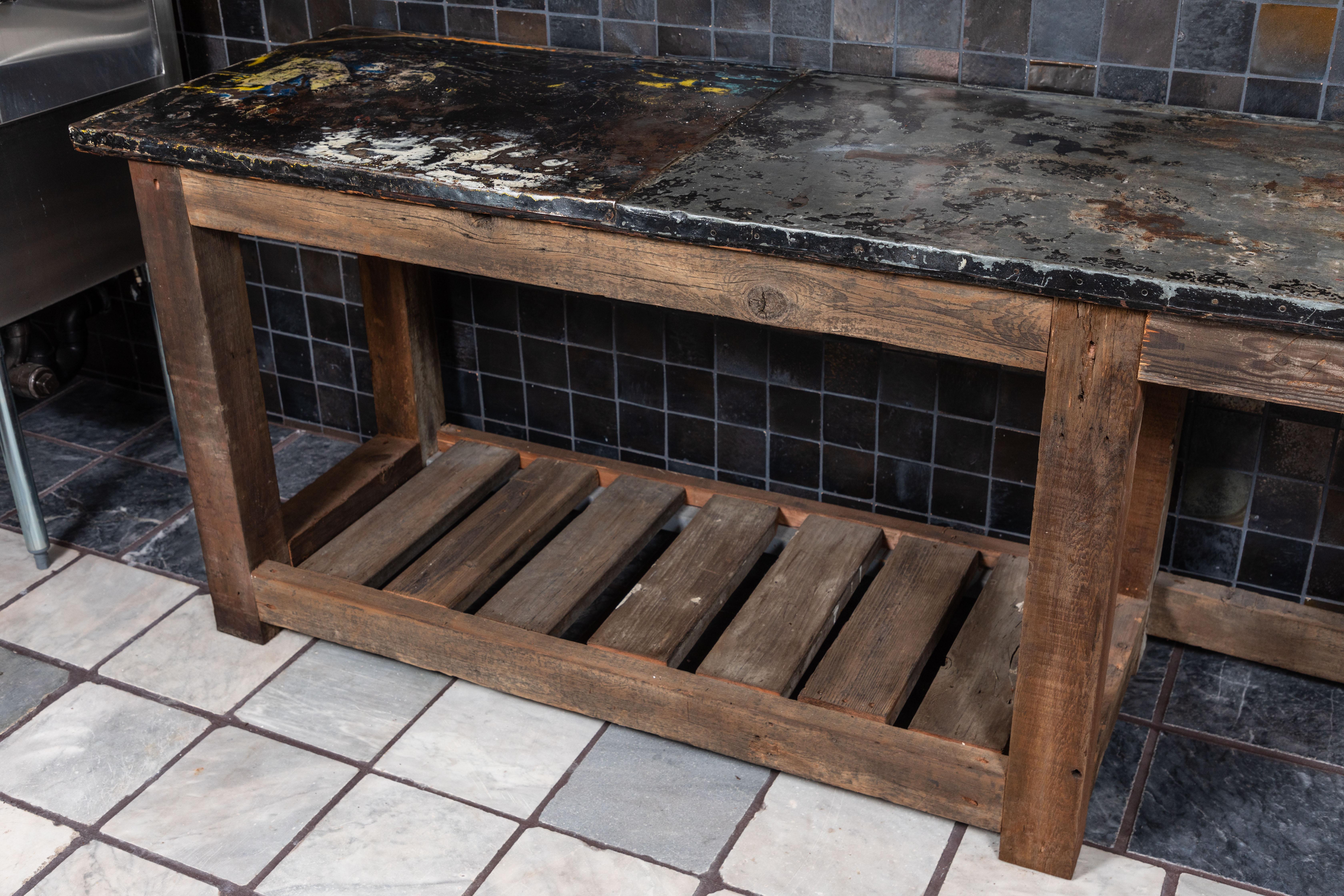 1920s American Industrial Steel Top and Oak Work Table 3