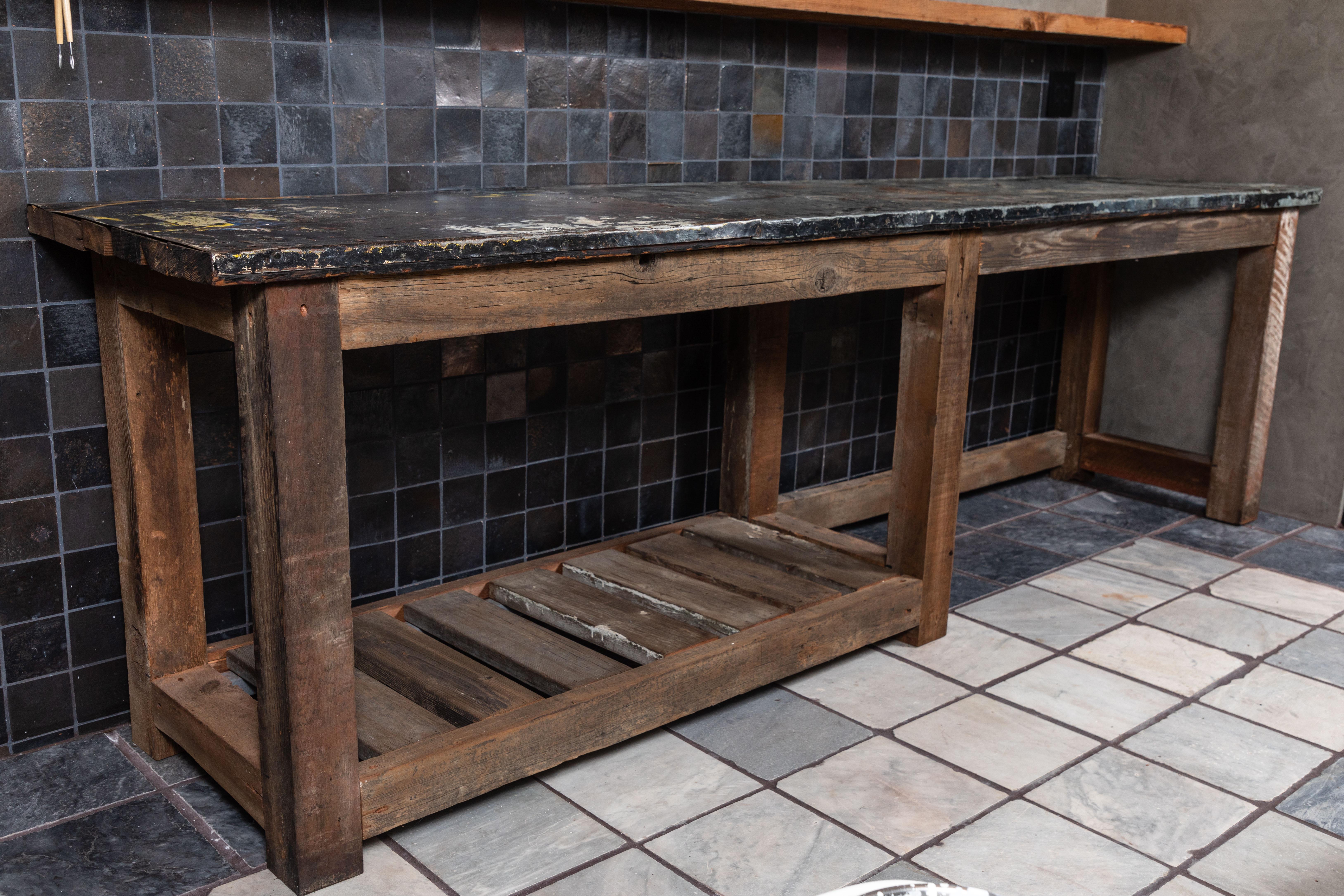 1920s American Industrial Steel Top and Oak Work Table 4