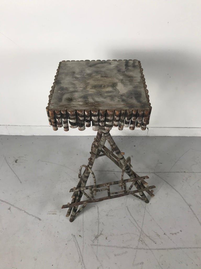 1920s American Rustic Adirondack Oak End Table with Twig Base For Sale