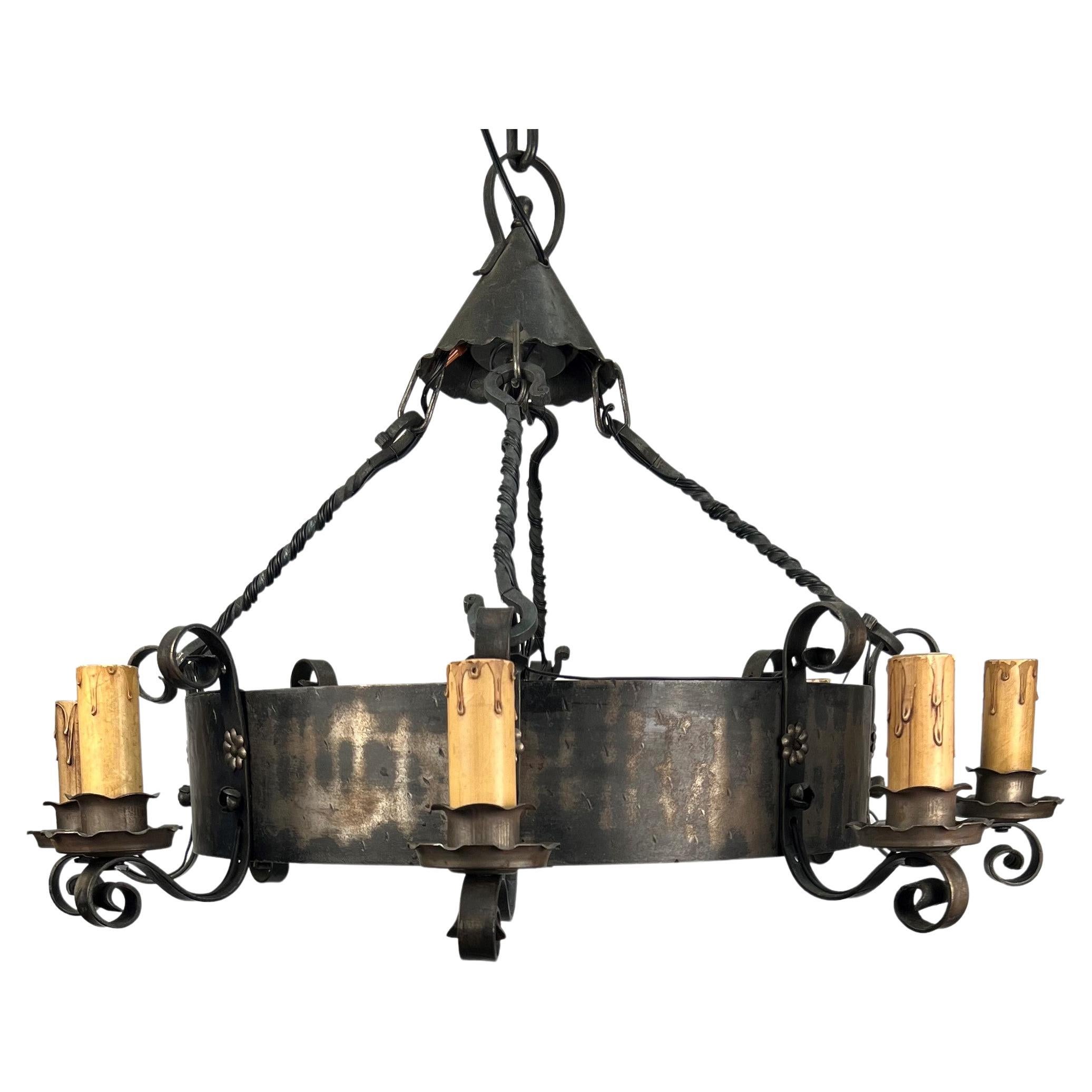 1920's American Wrought Iron 8 Light Chandelier For Sale