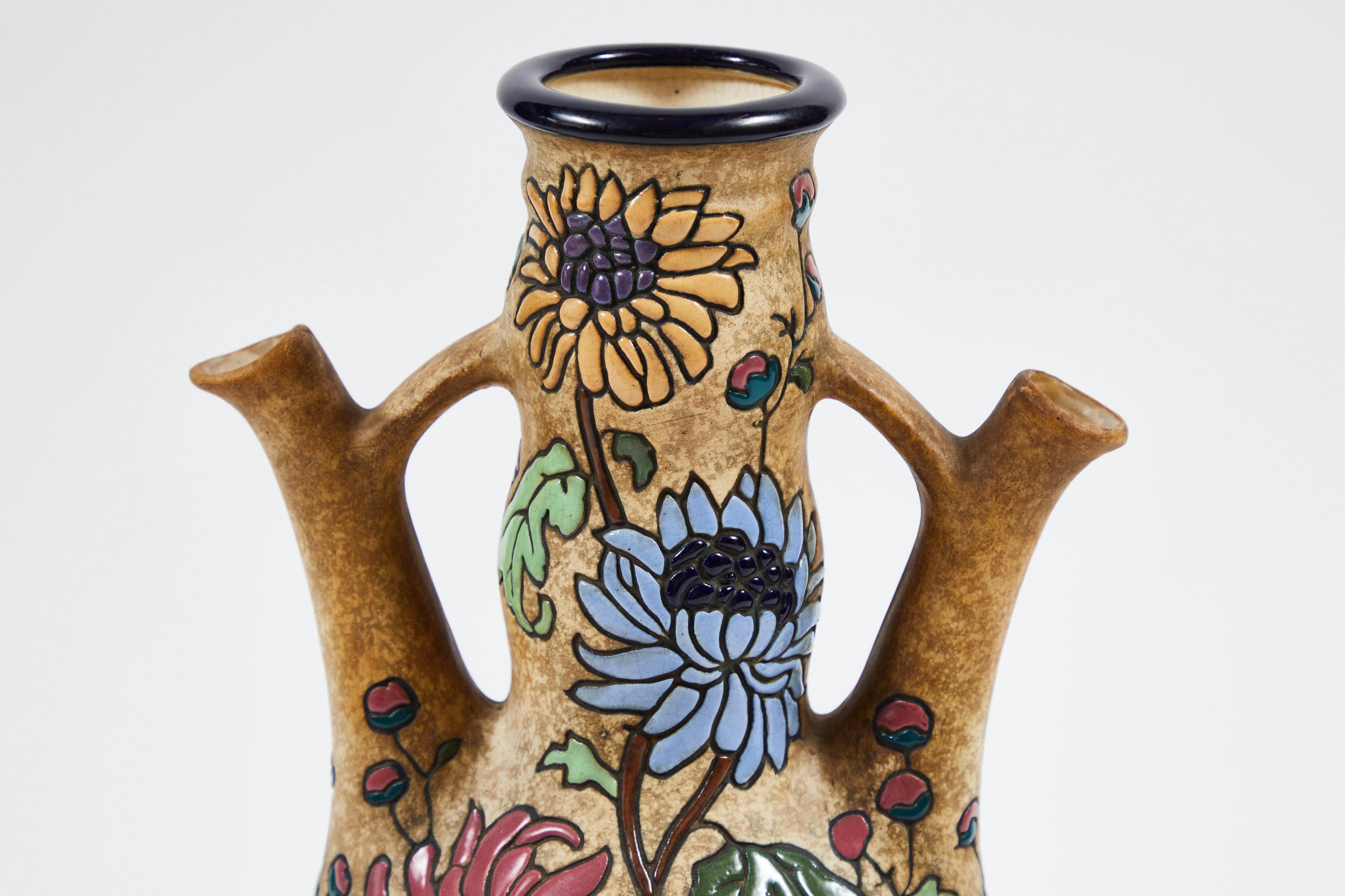 Art Nouveau 1920s Amphora Campina Tall Wedding Vase with Chrysanthemums
