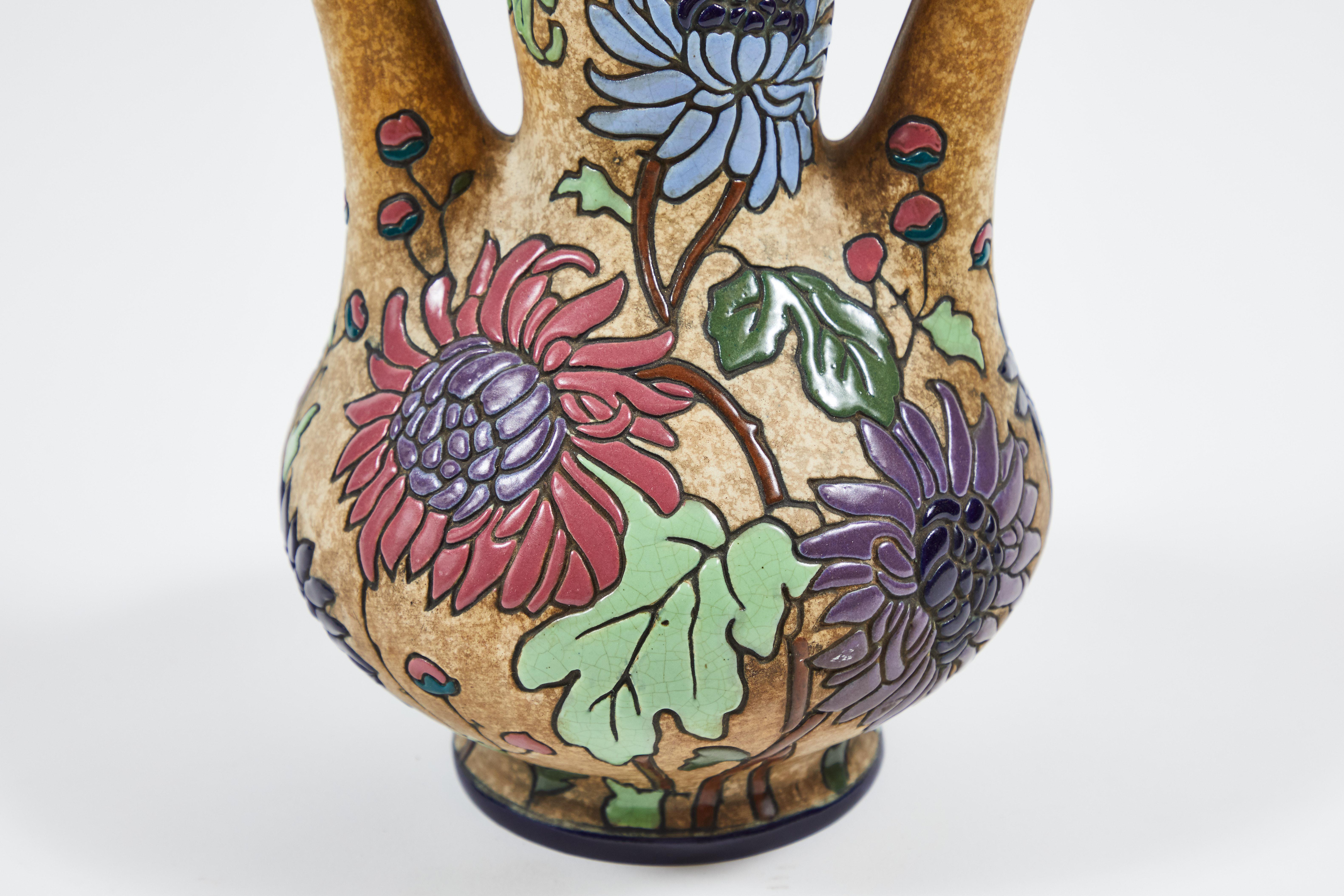 Czech 1920s Amphora Campina Tall Wedding Vase with Chrysanthemums
