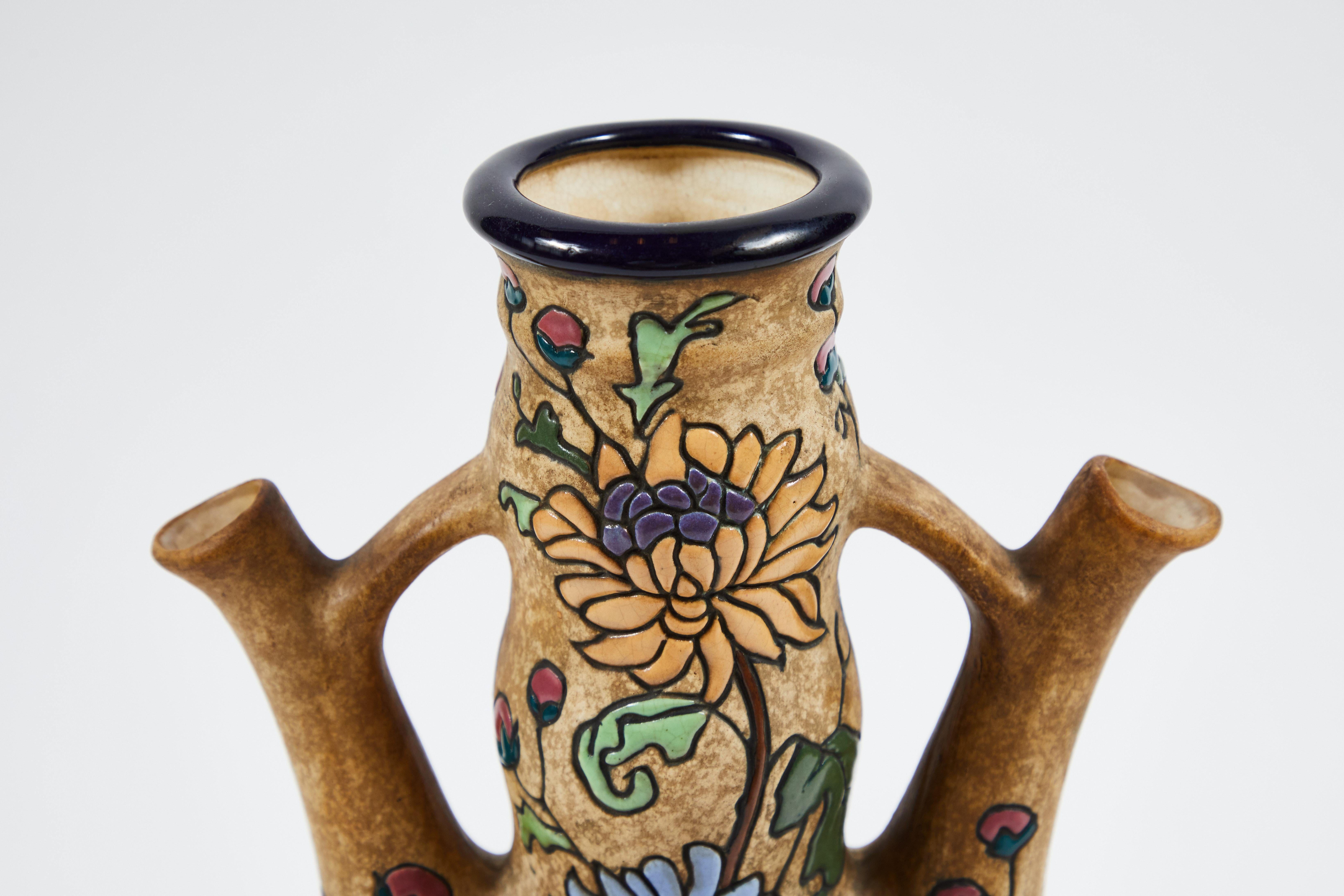 Enameled 1920s Amphora Campina Tall Wedding Vase with Chrysanthemums