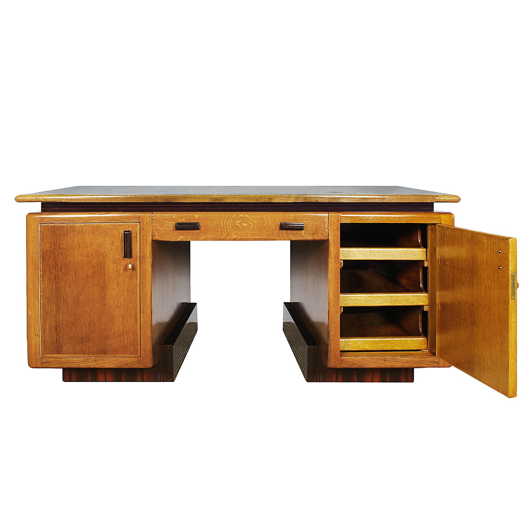 Dutch 1920s Amsterdam School Desk In Oakwood, Macassar Ebony and Leather - Netherlands For Sale
