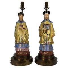 1920's Ancestors Asian Male & Female Figural Table Lamps