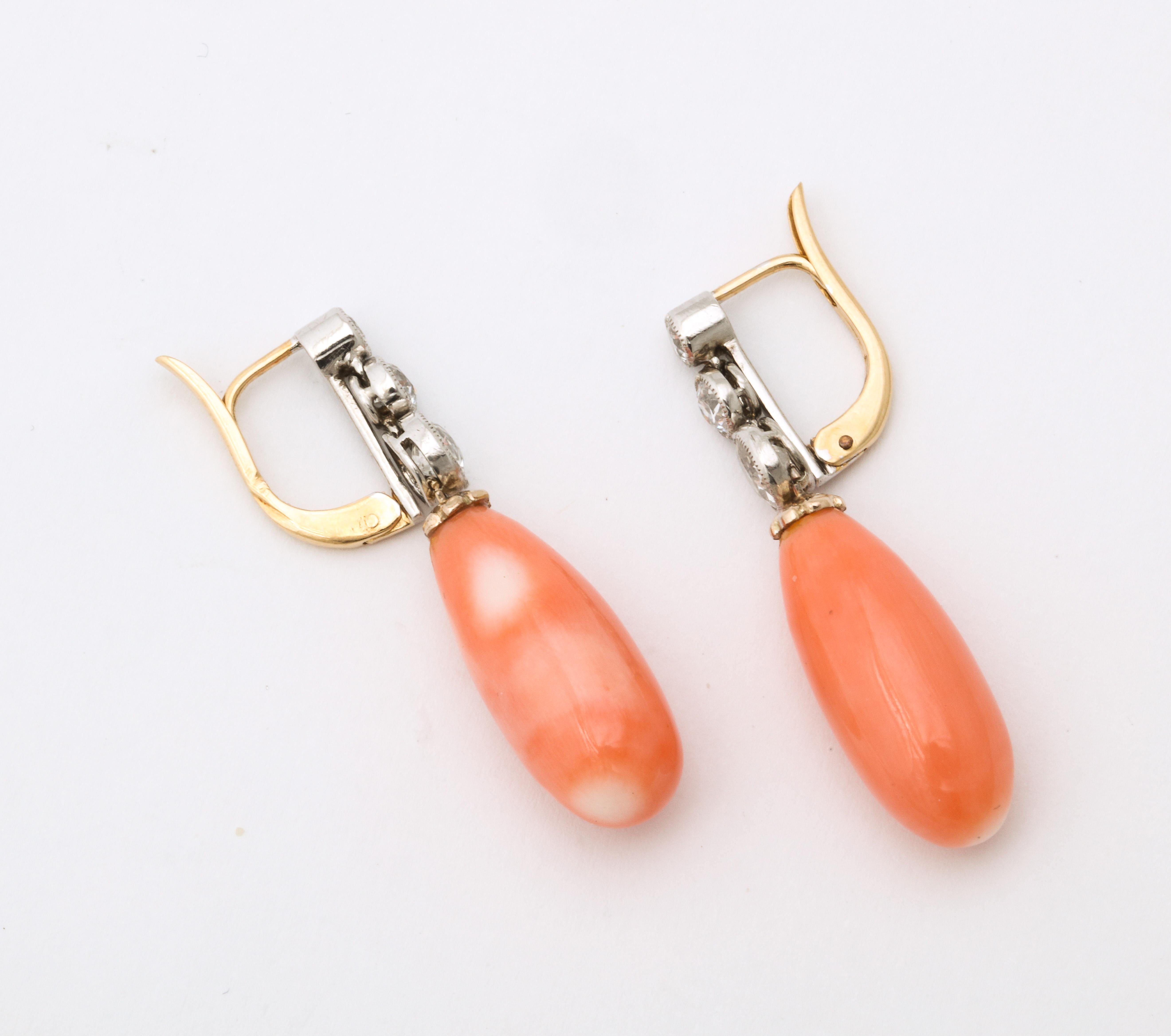 Women's 1920's Angel Skin Coral Drop and Platinum with Gold Hanging Earrings