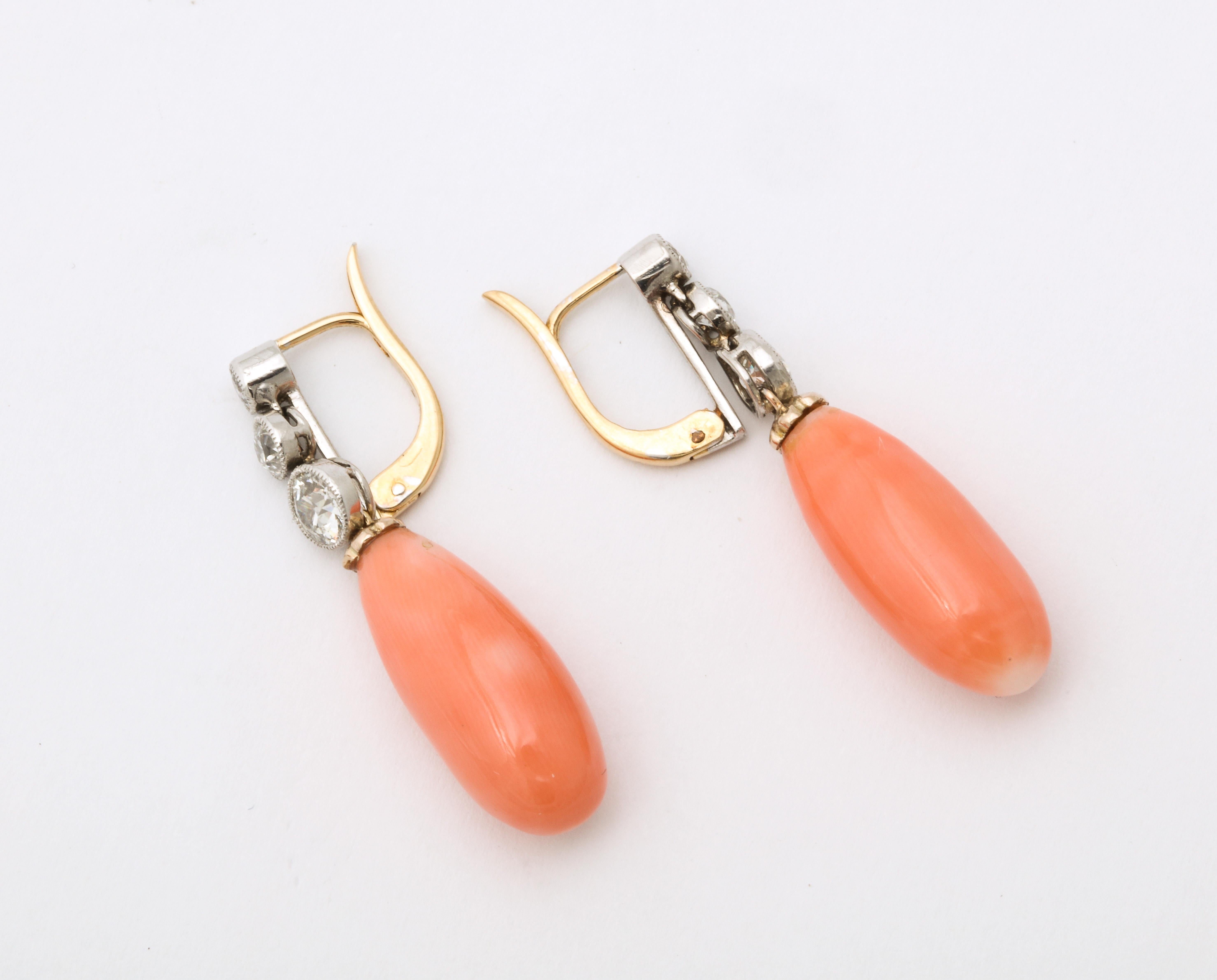 1920's Angel Skin Coral Drop and Platinum with Gold Hanging Earrings 1