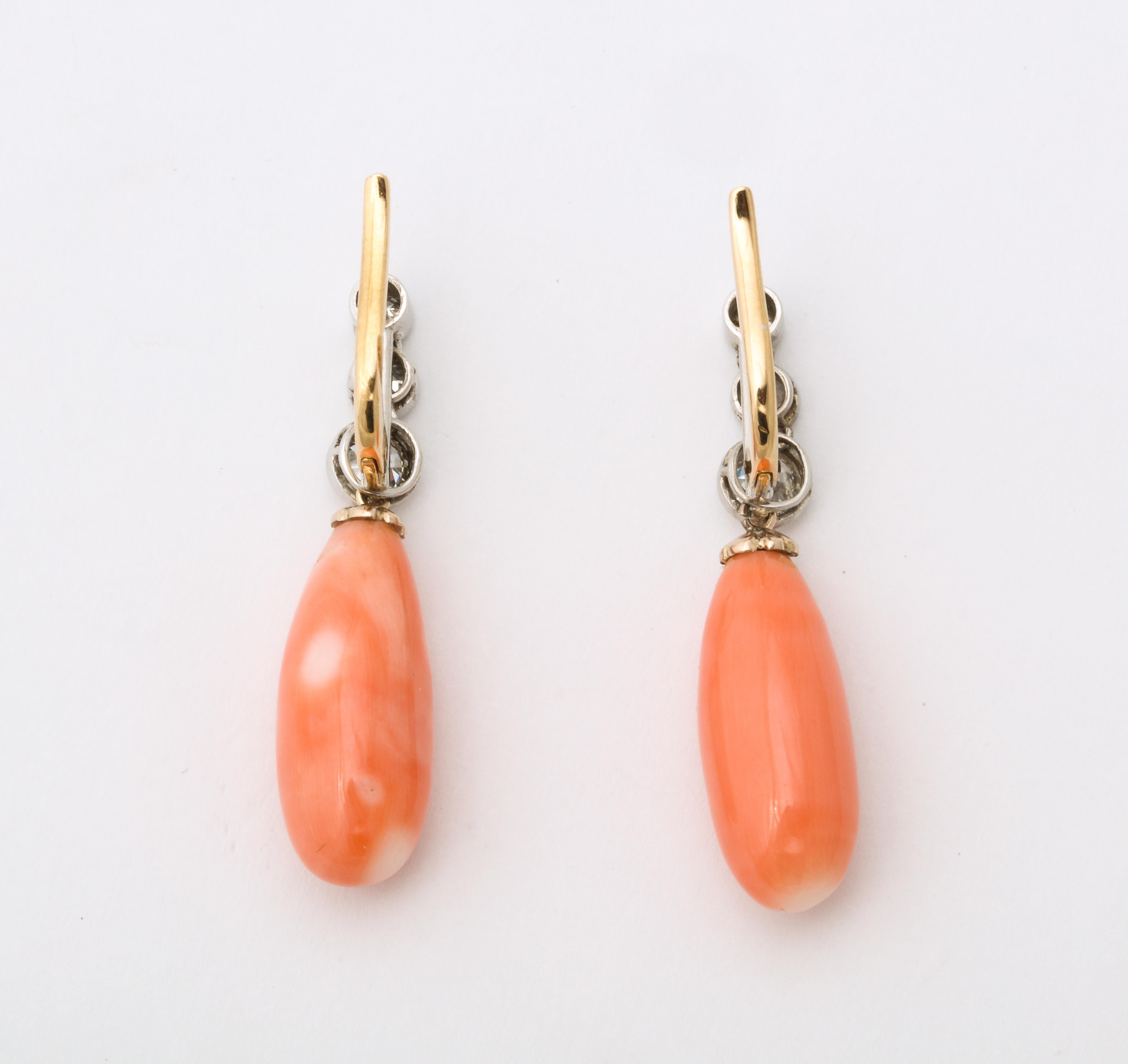 1920's Angel Skin Coral Drop and Platinum with Gold Hanging Earrings 2