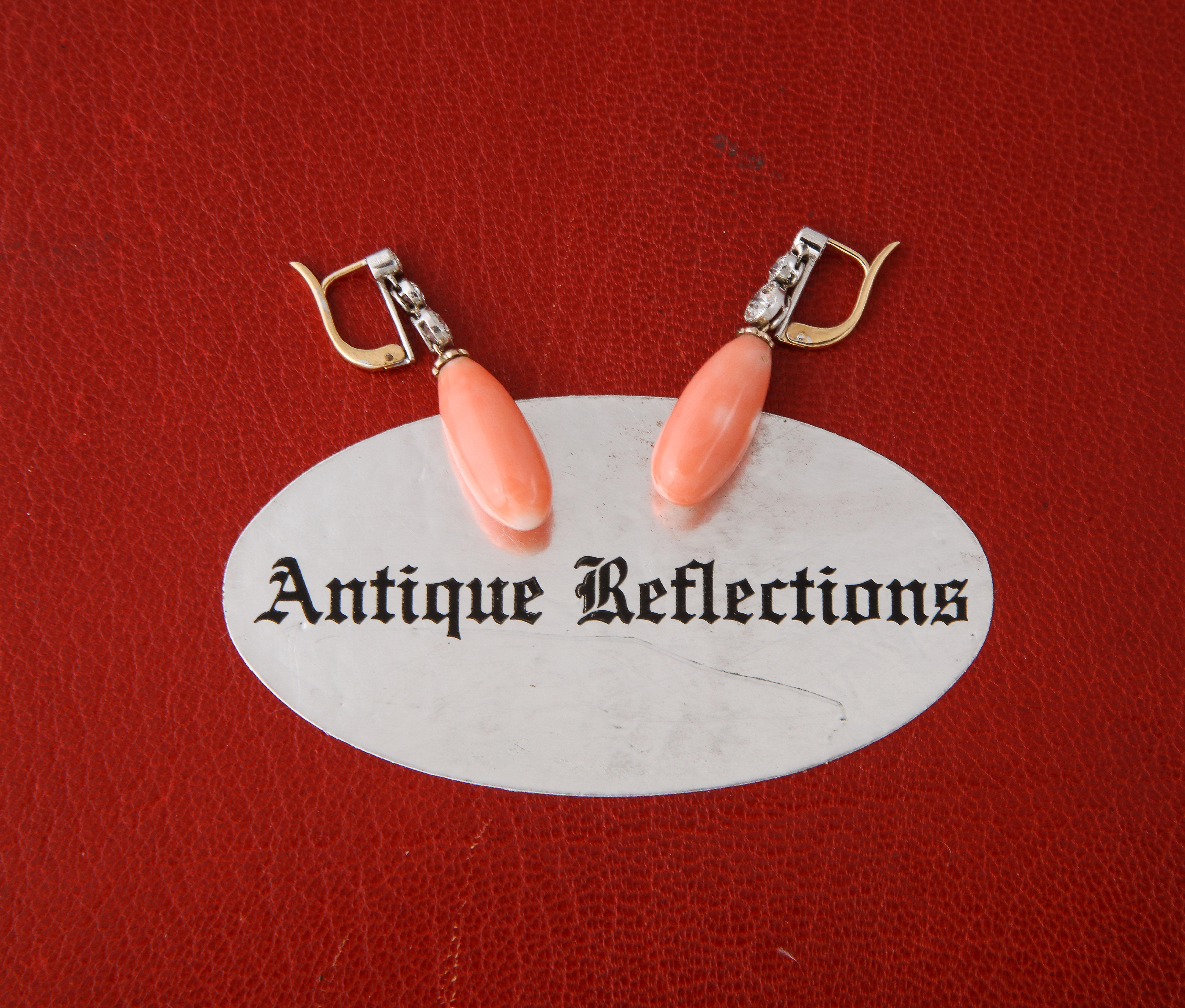 1920's Angel Skin Coral Drop and Platinum with Gold Hanging Earrings 3