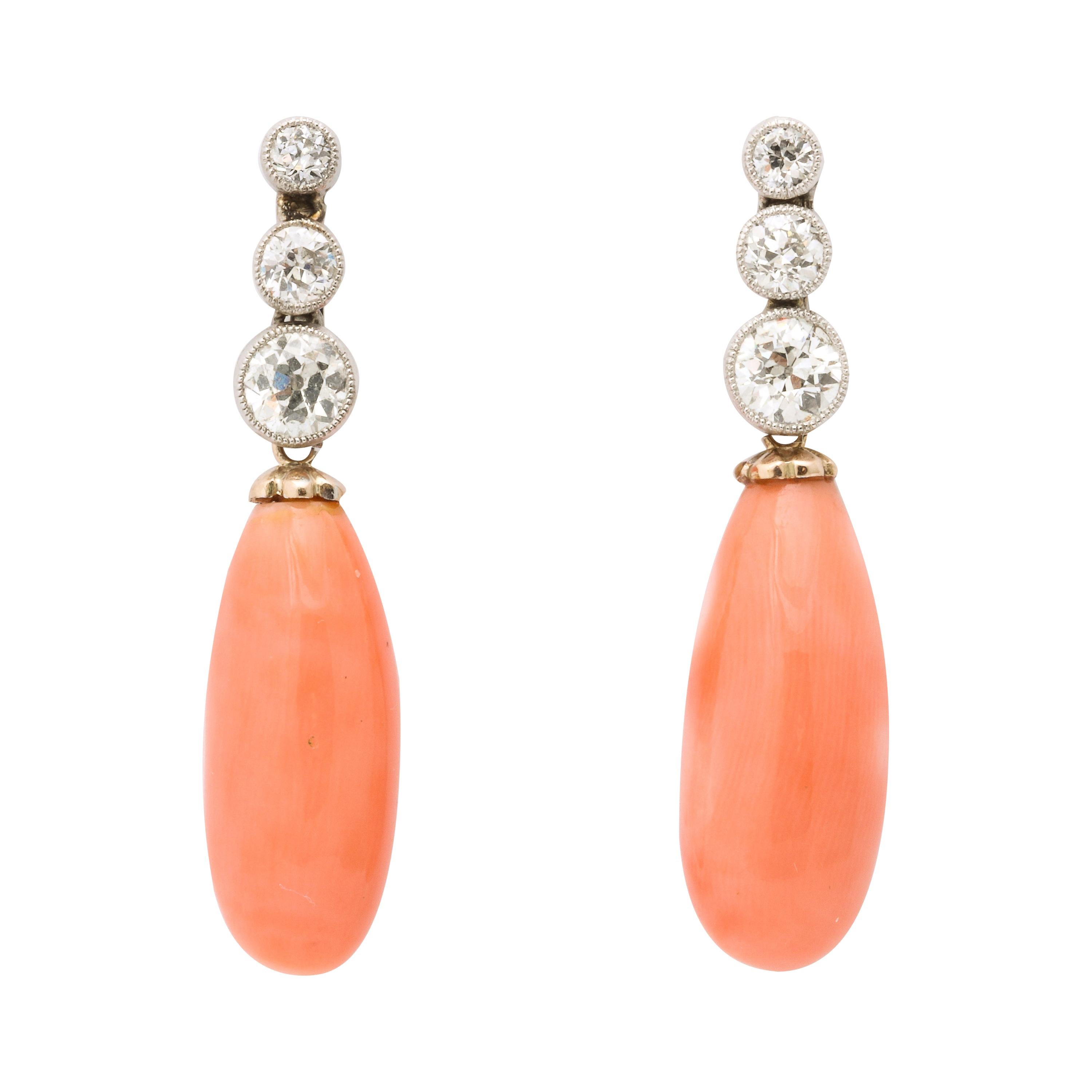 1920's Angel Skin Coral Drop and Platinum with Gold Hanging Earrings