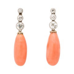 Antique 1920's Angel Skin Coral Drop and Platinum with Gold Hanging Earrings