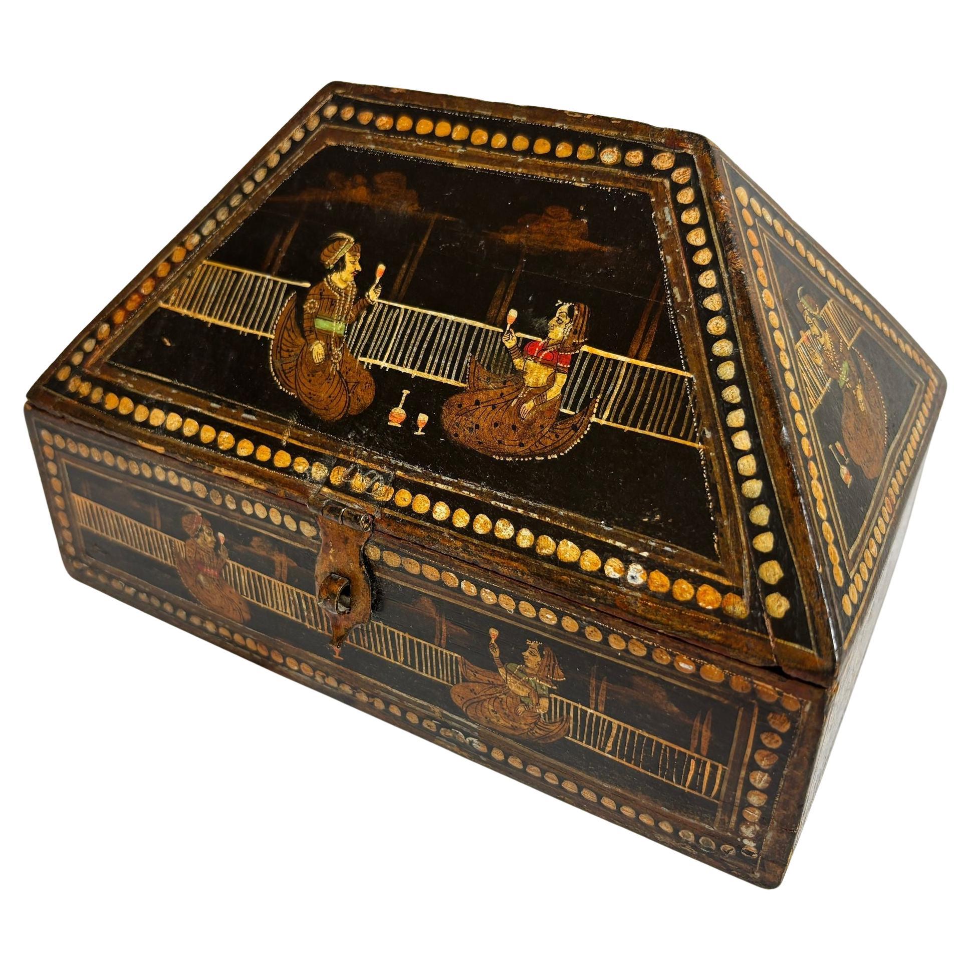 1920er Jahre Anglo-Raj Handbemalte Rajasthani Mitgiftbox