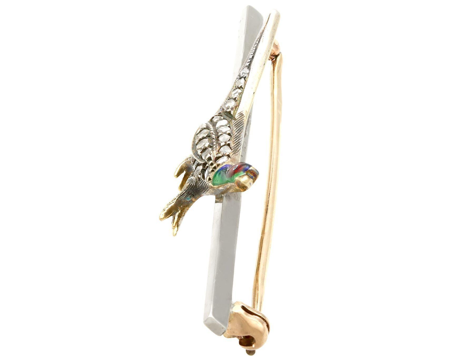Round Cut 1920s Antique 0.31 Carat Diamond and Enamel Yellow Gold Pheasant Brooch