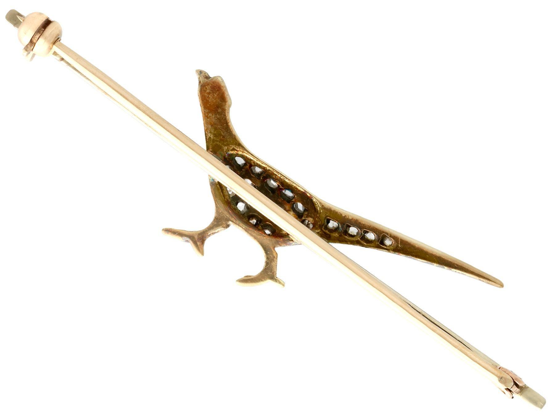 1920s Antique 0.31 Carat Diamond and Enamel Yellow Gold Pheasant Brooch In Excellent Condition In Jesmond, Newcastle Upon Tyne