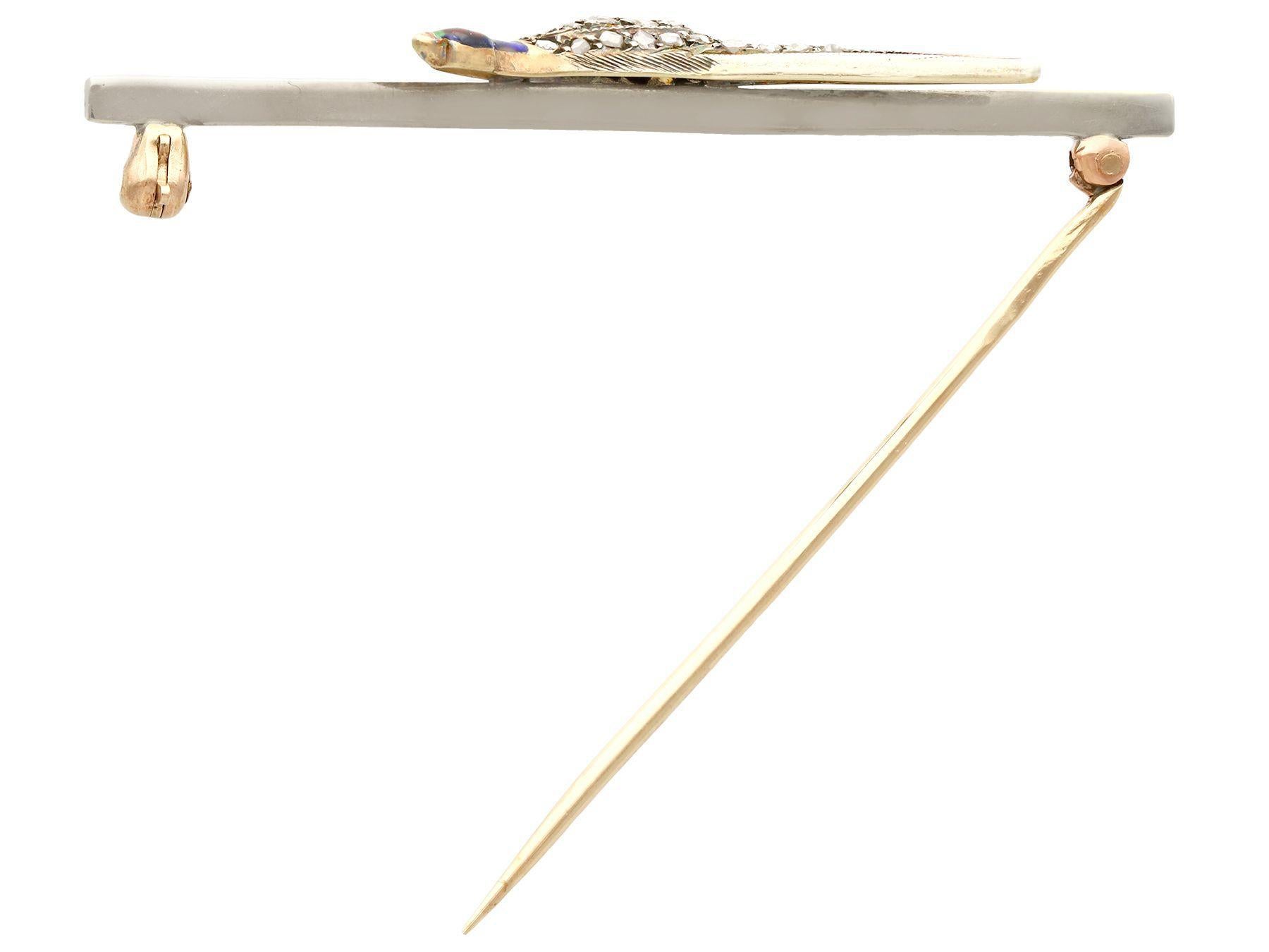 Women's or Men's 1920s Antique 0.31 Carat Diamond and Enamel Yellow Gold Pheasant Brooch