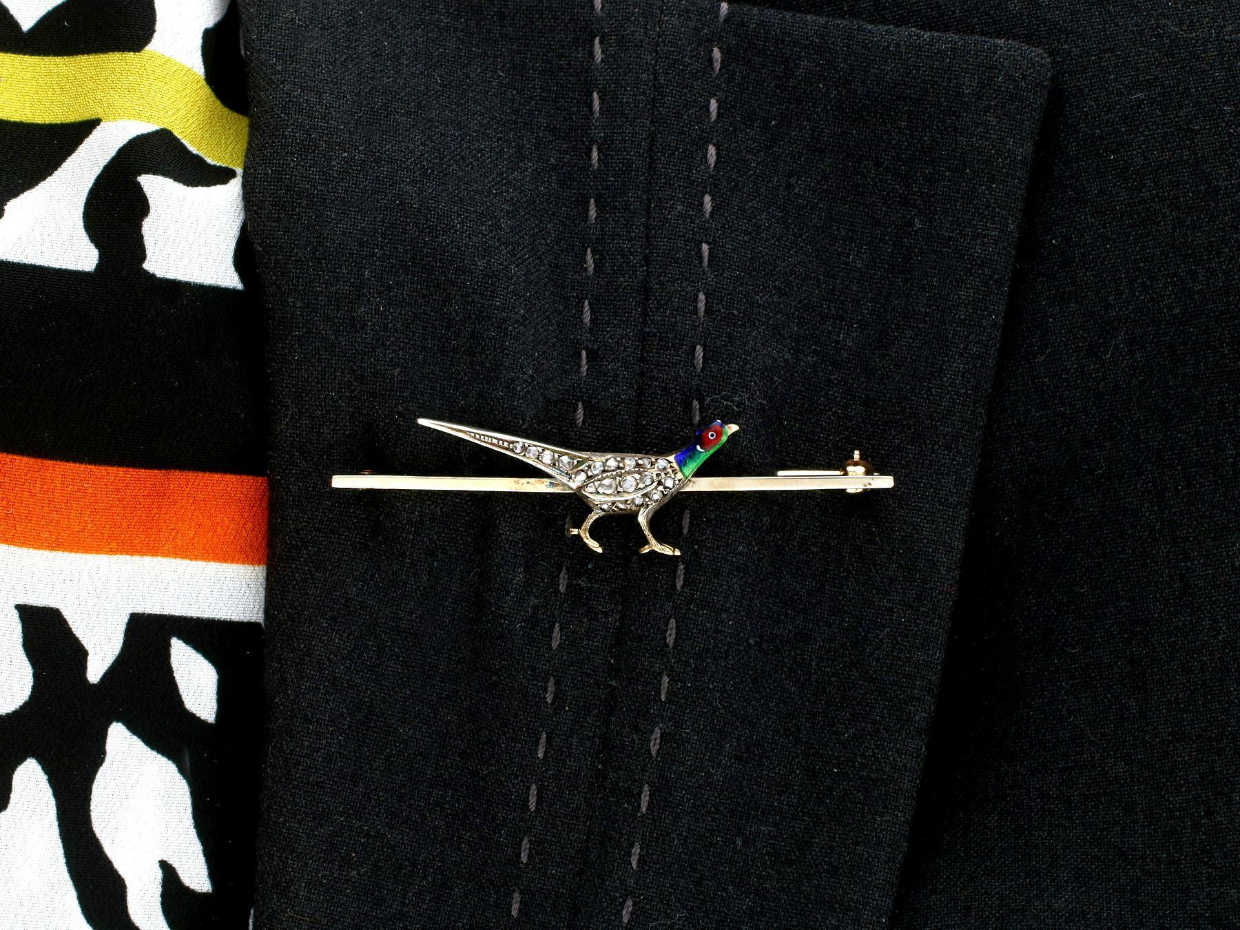 1920s Antique 0.31 Carat Diamond and Enamel Yellow Gold Pheasant Brooch 2