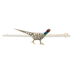 1920s Antique 0.31 Carat Diamond and Enamel Yellow Gold Pheasant Brooch