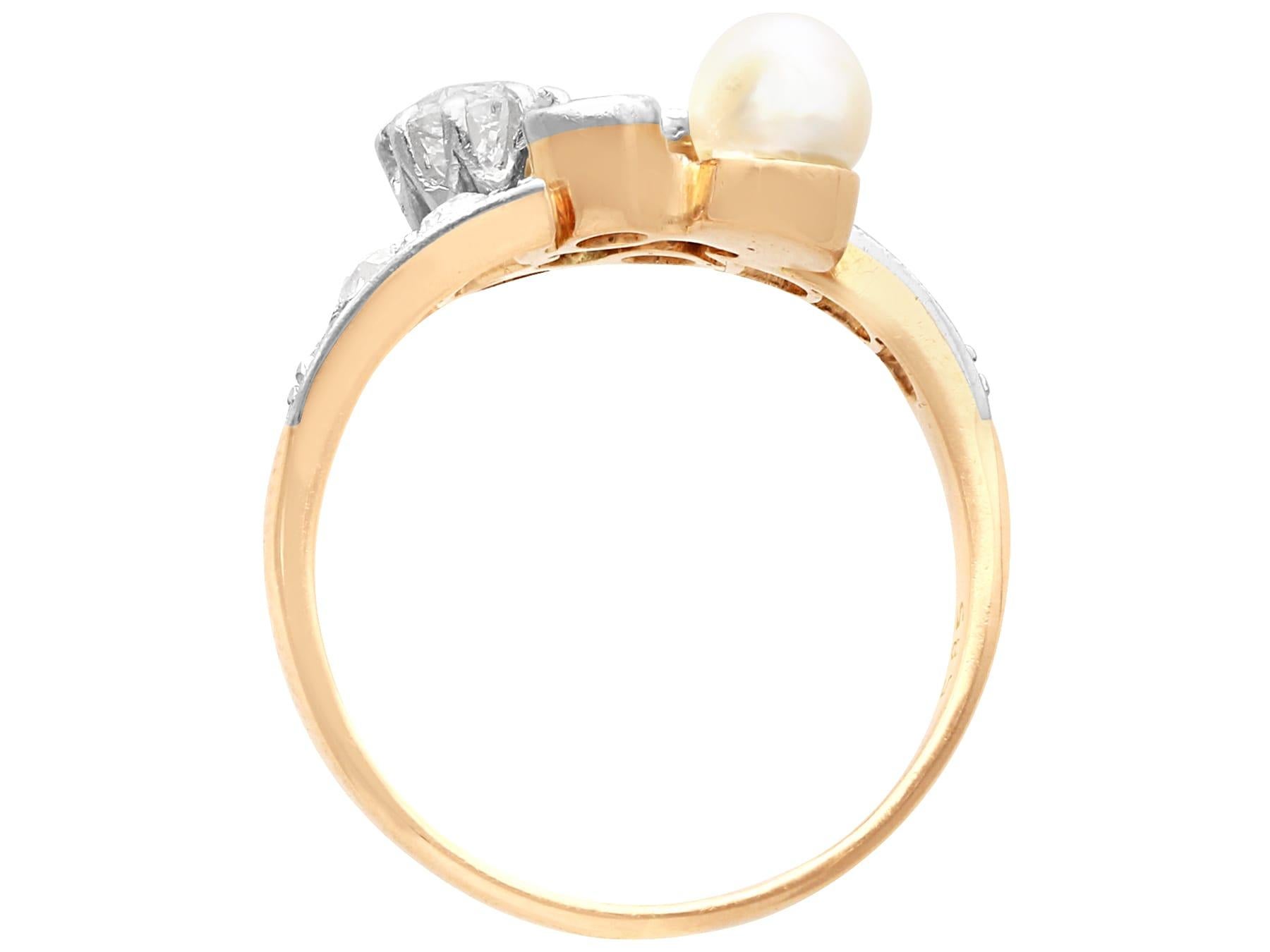 Women's or Men's 1920s Antique 0.54 Carat Diamond and Pearl 14k Yellow Gold Ring  For Sale