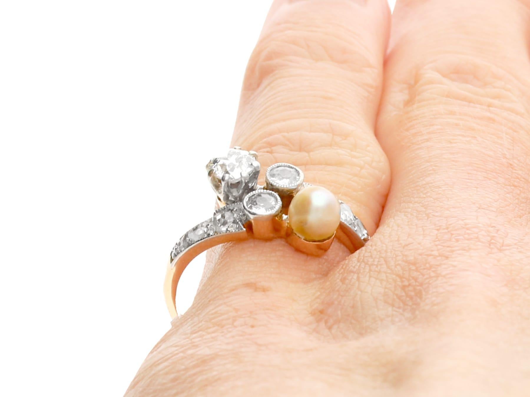 1920s Antique 0.54 Carat Diamond and Pearl 14k Yellow Gold Ring  For Sale 4