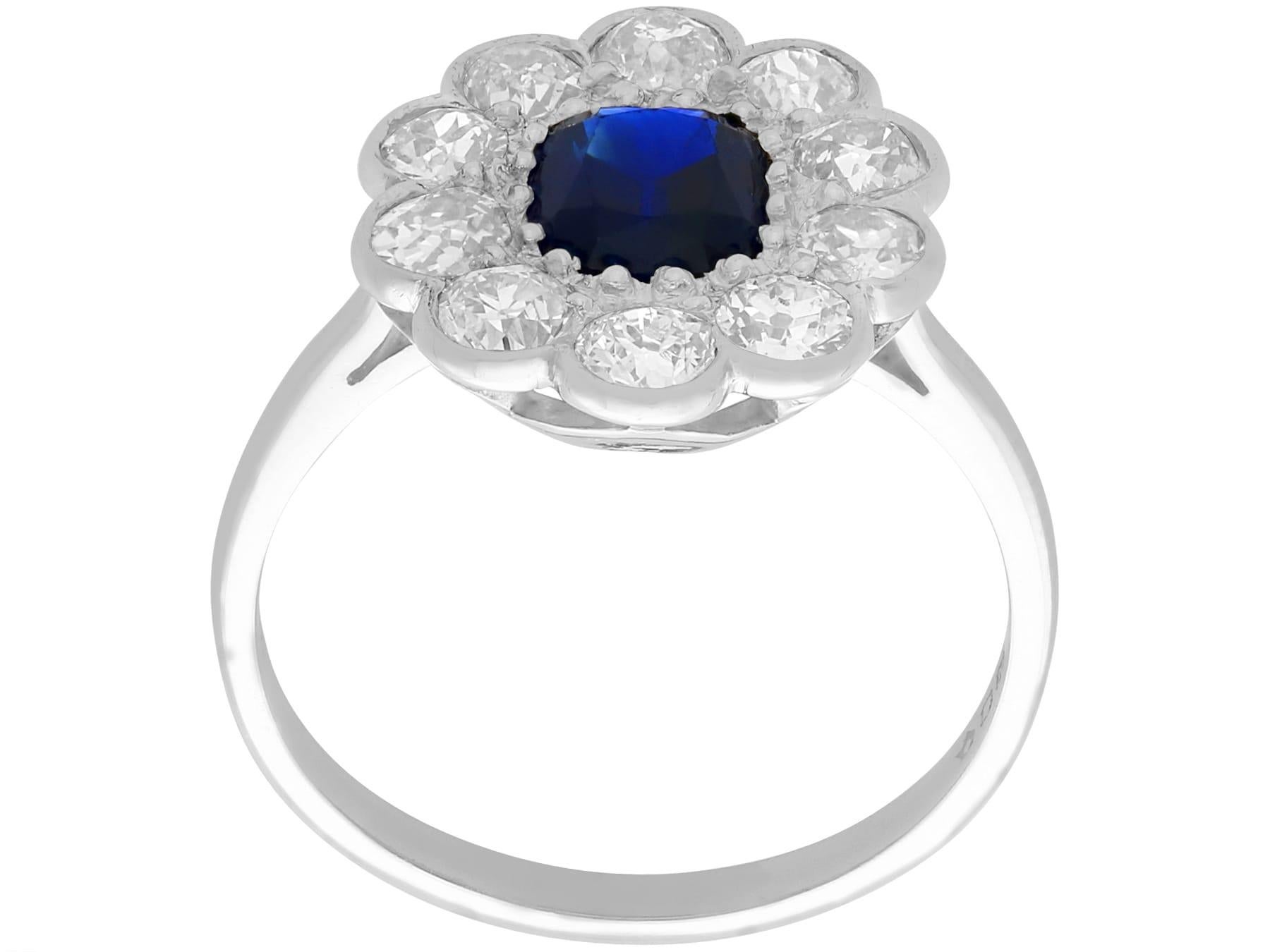 Women's or Men's 1920s Antique 1.07 Carat Sapphire and 1.54 Carat Diamond Platinum Cluster Ring For Sale
