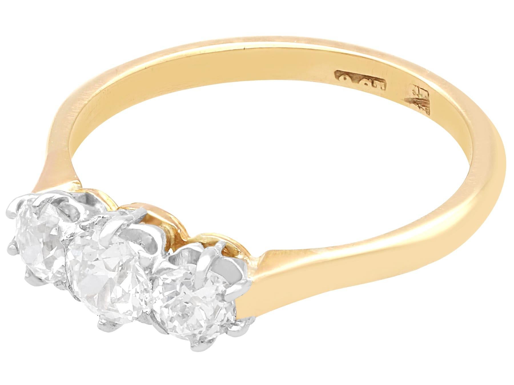 Old European Cut 1920s 1.14 Carat Diamond and 9k Yellow Gold Trilogy Ring