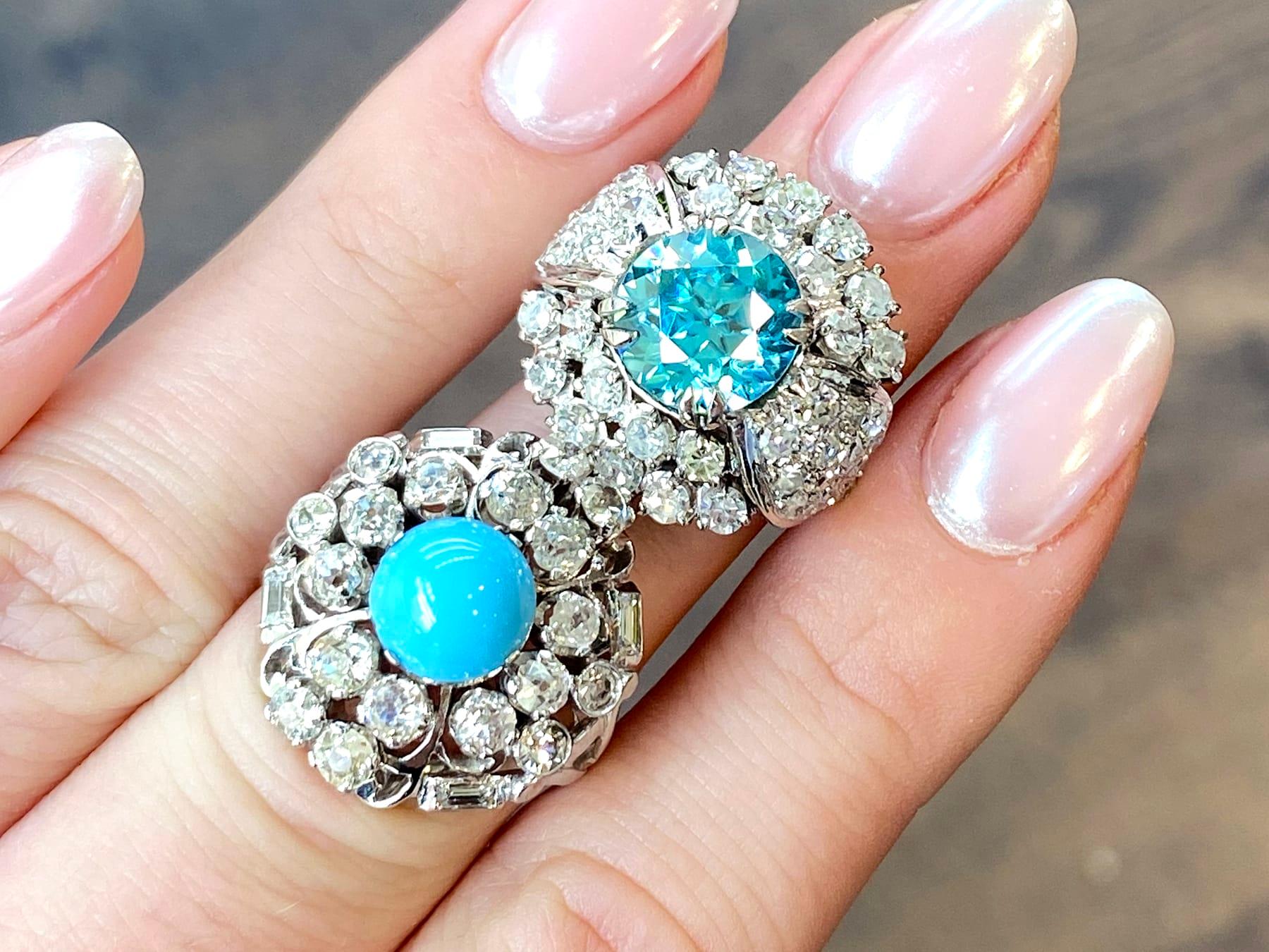 1920s Antique 1.20 Carat Turquoise 2.22 Carat Diamond and 18k White Gold Ring In Excellent Condition For Sale In Jesmond, Newcastle Upon Tyne