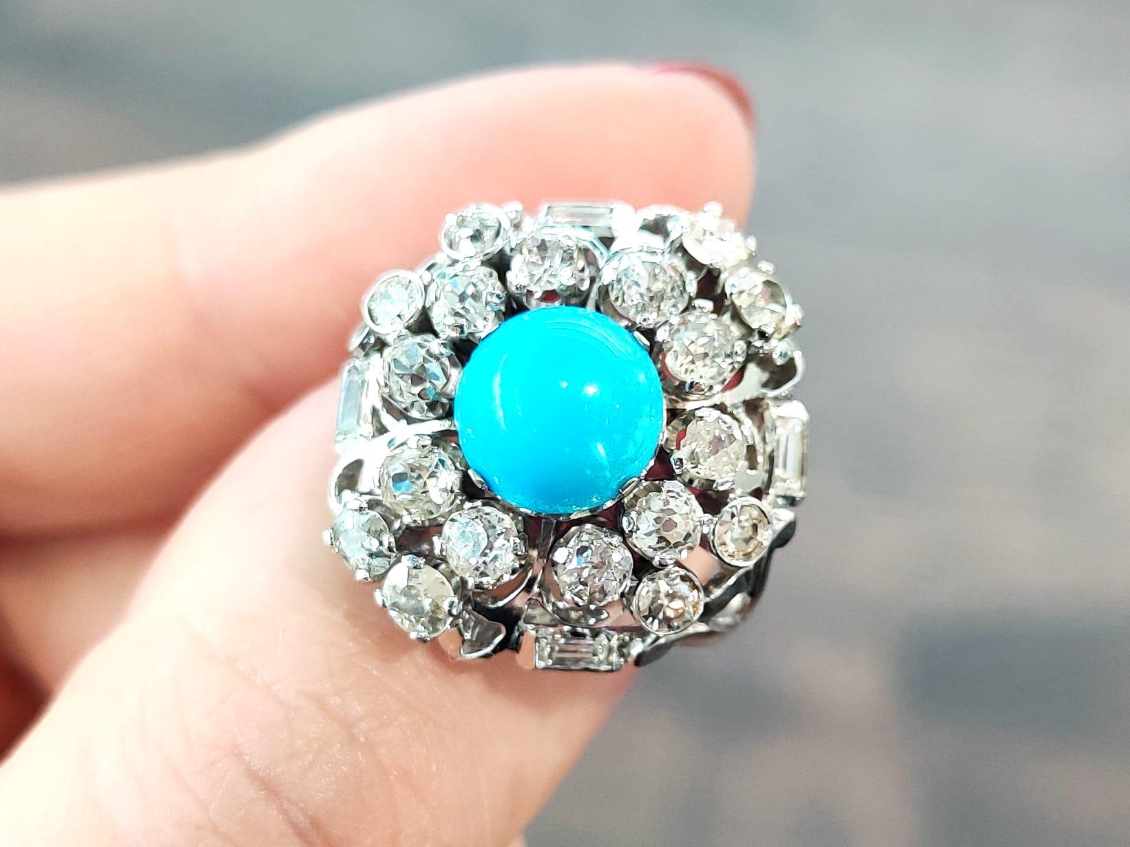 Old European Cut 1920s Antique 1.20 Carat Turquoise 2.22 Carat Diamond and 18k White Gold Ring For Sale