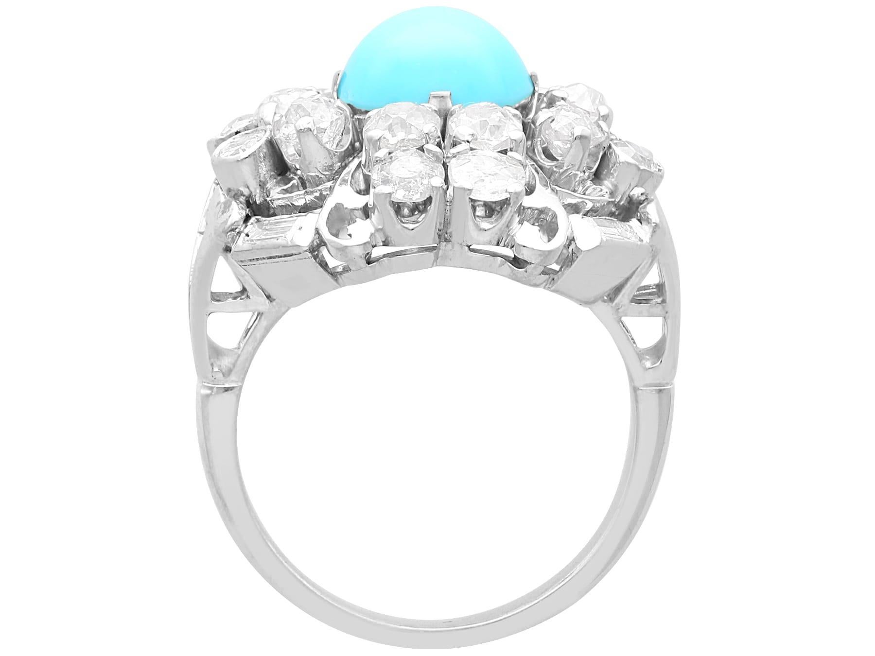 Women's or Men's 1920s Antique 1.20 Carat Turquoise 2.22 Carat Diamond and 18k White Gold Ring For Sale
