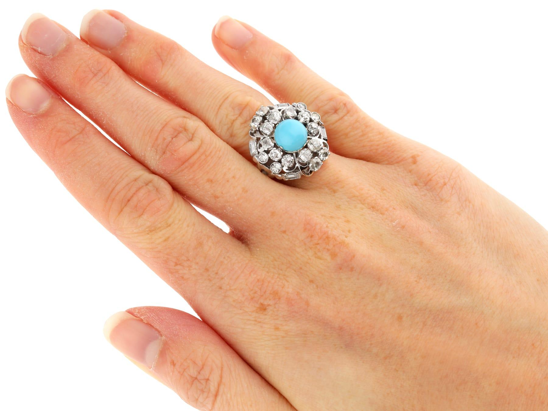 1920s Antique 1.20 Carat Turquoise 2.22 Carat Diamond and 18k White Gold Ring For Sale 2