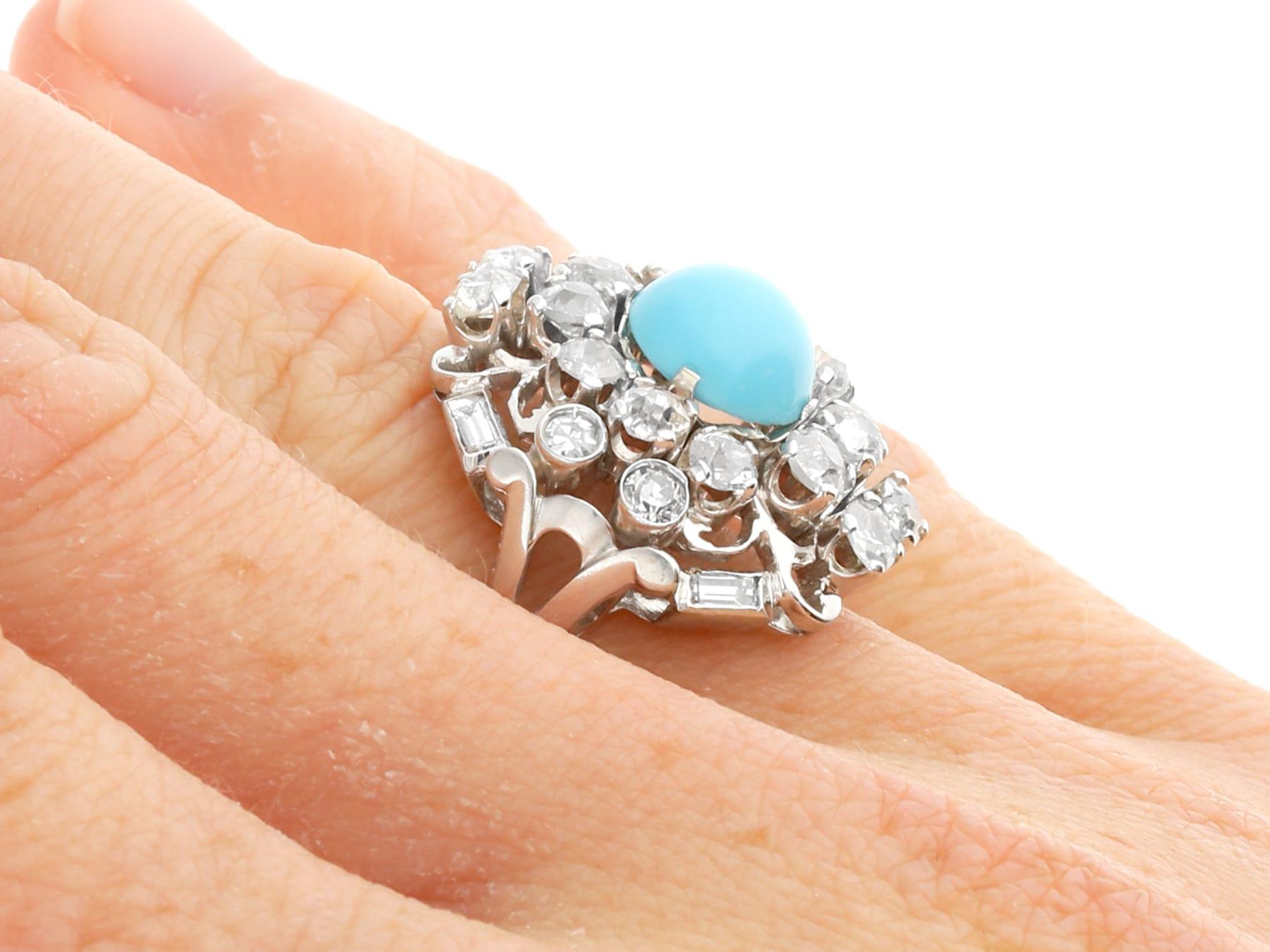 1920s Antique 1.20 Carat Turquoise 2.22 Carat Diamond and 18k White Gold Ring For Sale 3