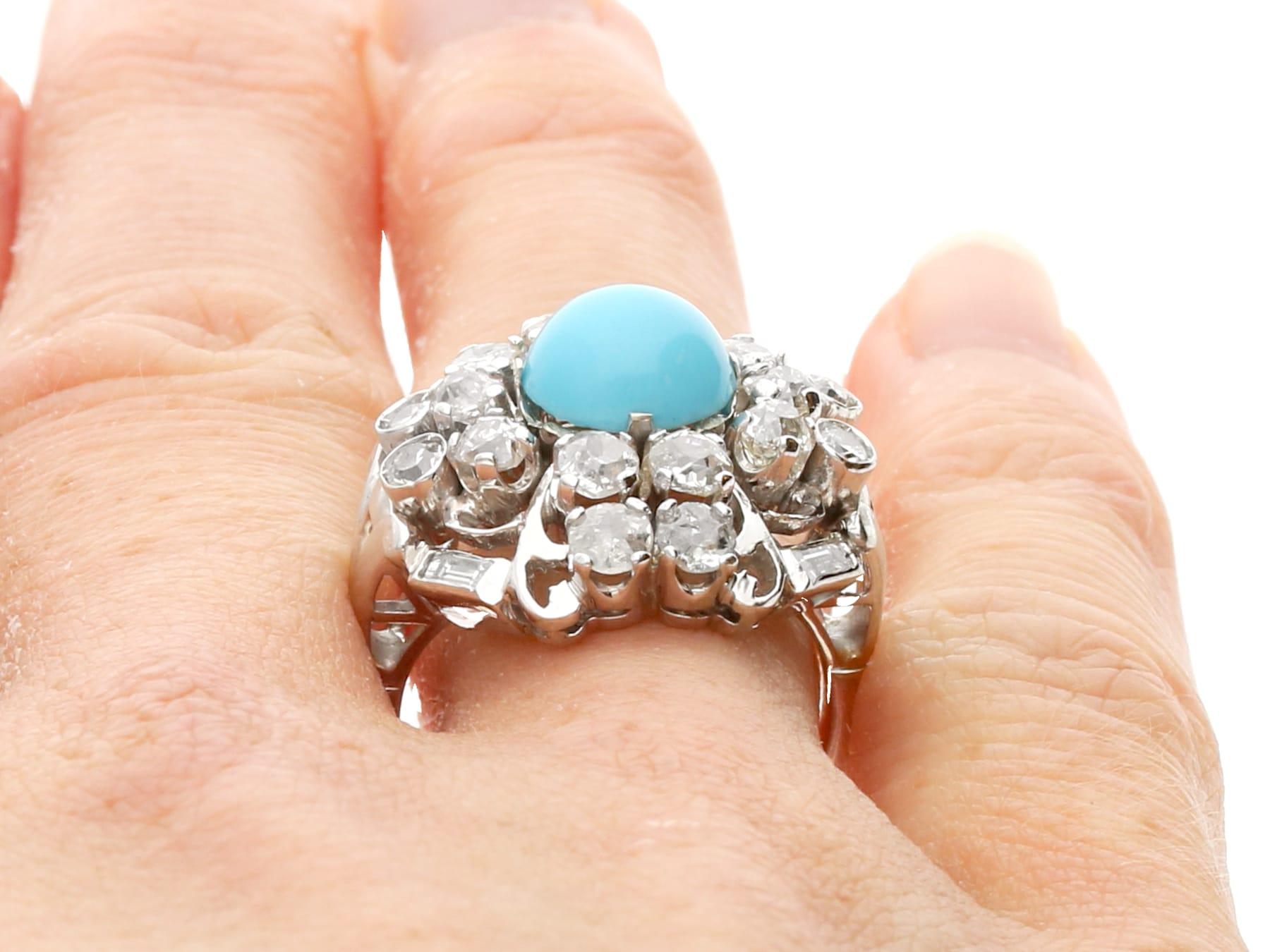 1920s Antique 1.20 Carat Turquoise 2.22 Carat Diamond and 18k White Gold Ring For Sale 4