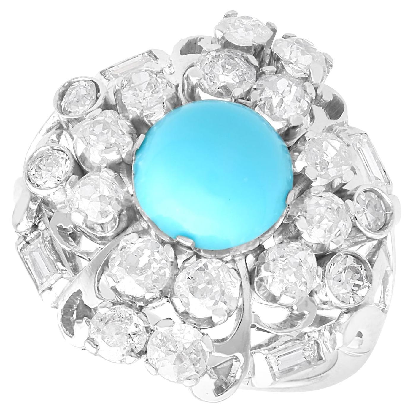 1920s Antique 1.20 Carat Turquoise 2.22 Carat Diamond and 18k White Gold Ring For Sale