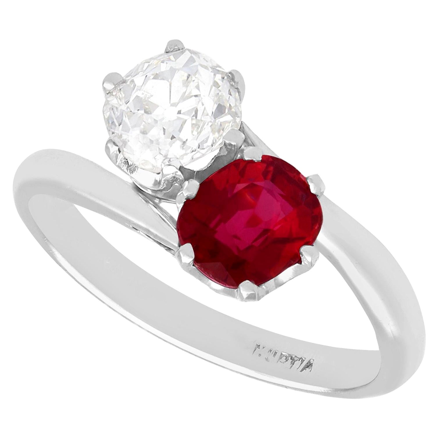 1920s Antique 1.35 Carat Ruby and Diamond White Gold Twist Ring French