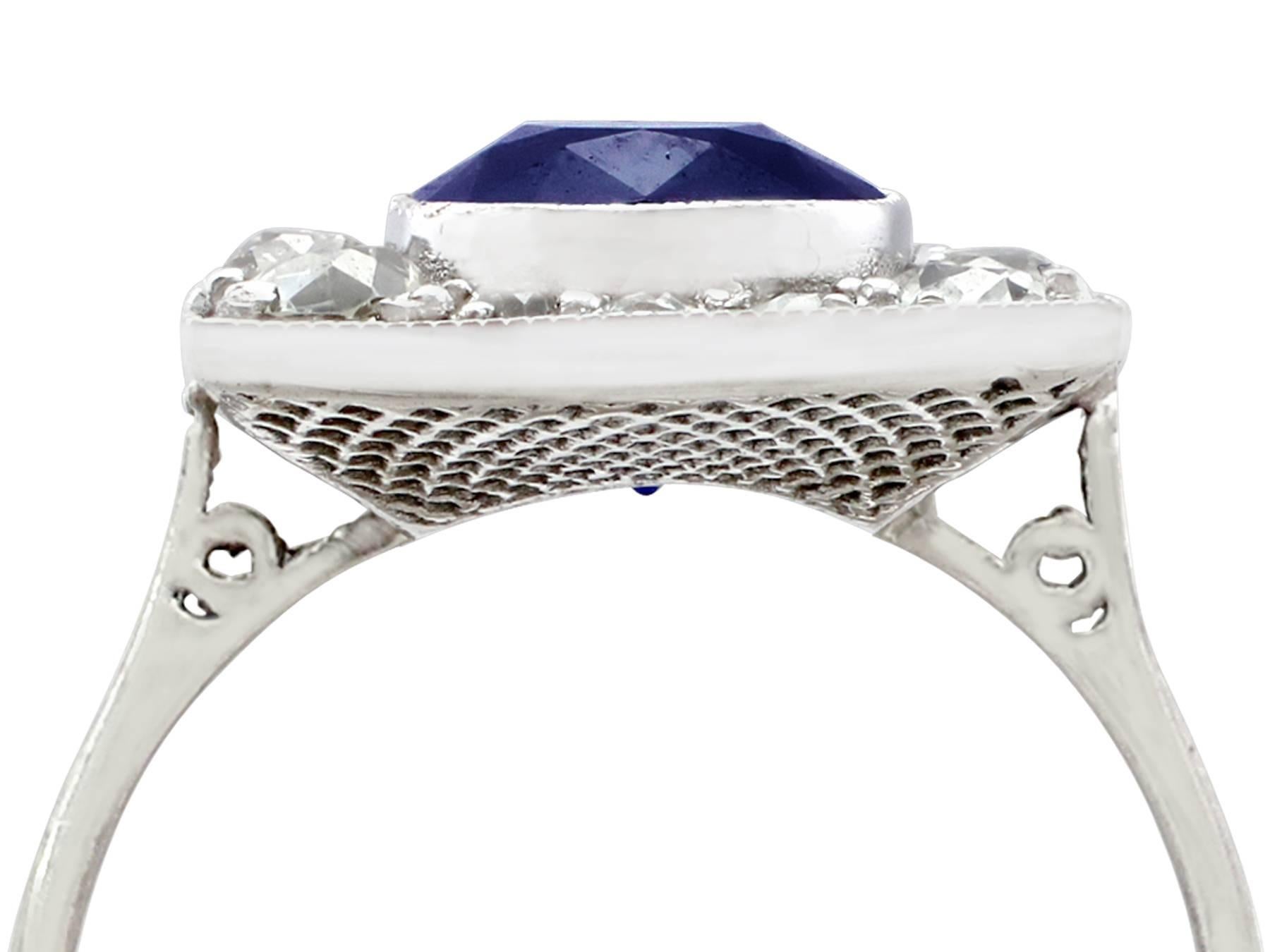 A stunning, fine and impressive antique 2.93 carat blue sapphire and 0.68 carat diamond, 18 karat white gold dress ring; part of our diverse 1920's jewelry collections

This stunning, fine and impressive 1920's sapphire and diamond ring has been