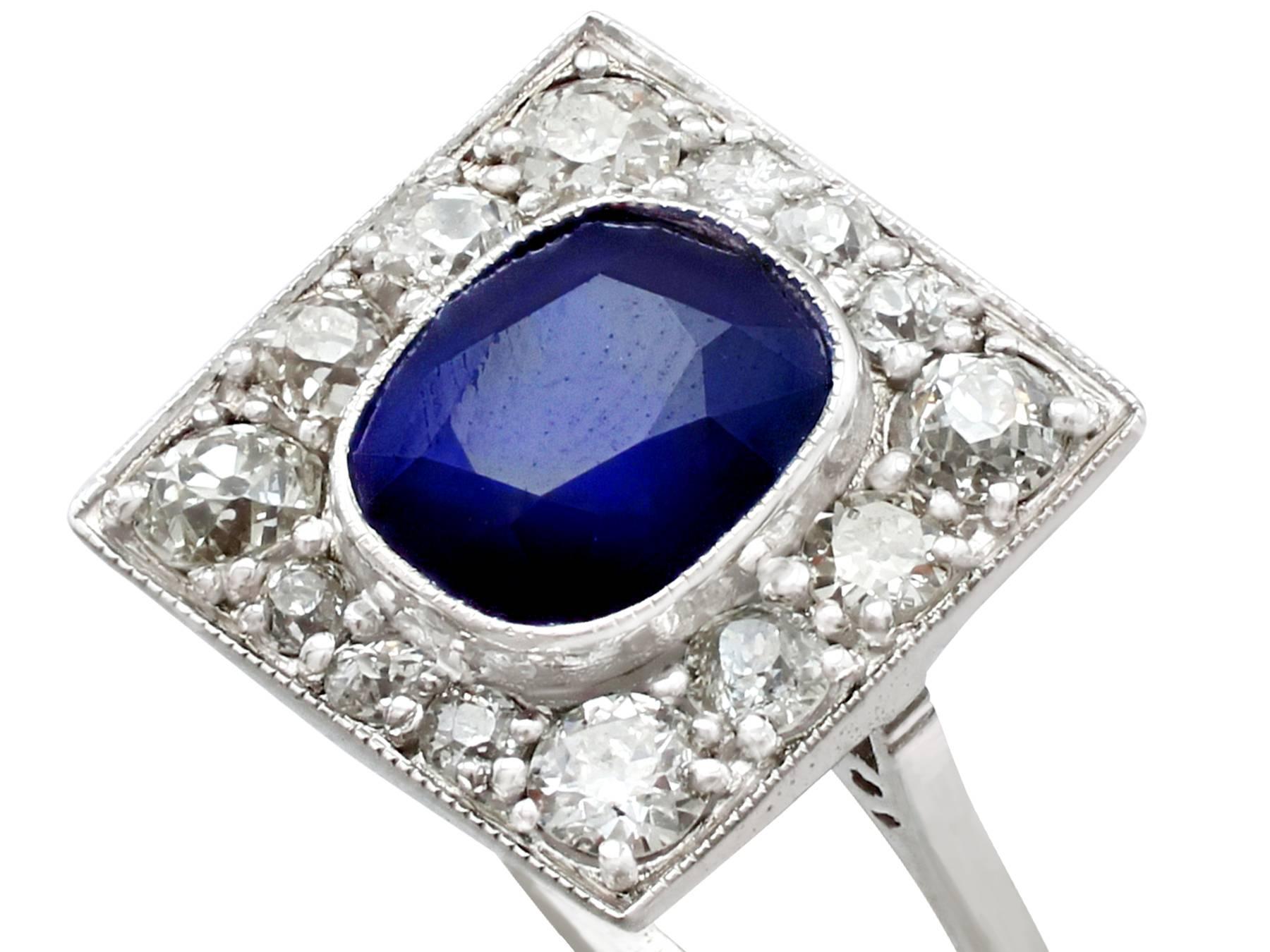 Round Cut 1920s Antique 2.93 Carat Sapphire and Diamond White Gold Cocktail Ring